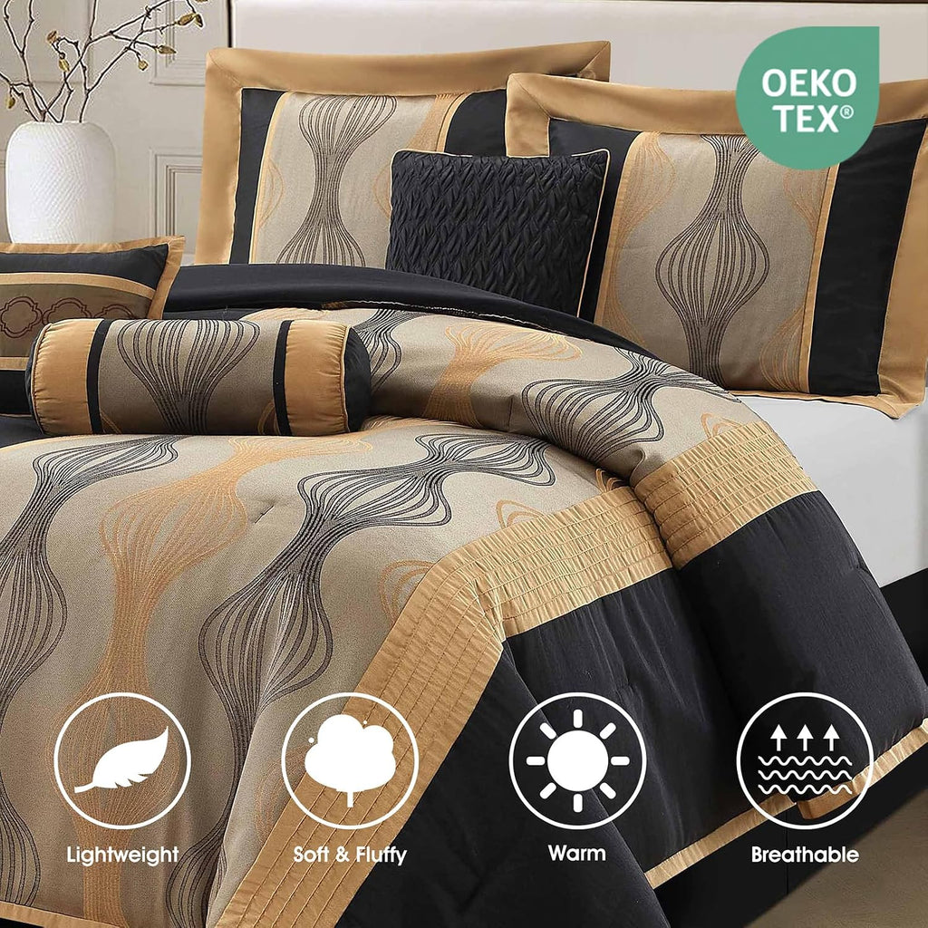 LANCO MODERN LIFESTYLE Queen Comforter Set, Black Gold, 7 Pieces Bed in a Bag, Ultra Soft Jacquard with Solid Piecework, Luxury Bed Set with Comforters, Bed Skirt, Pillow Shams and Decorative Pillows