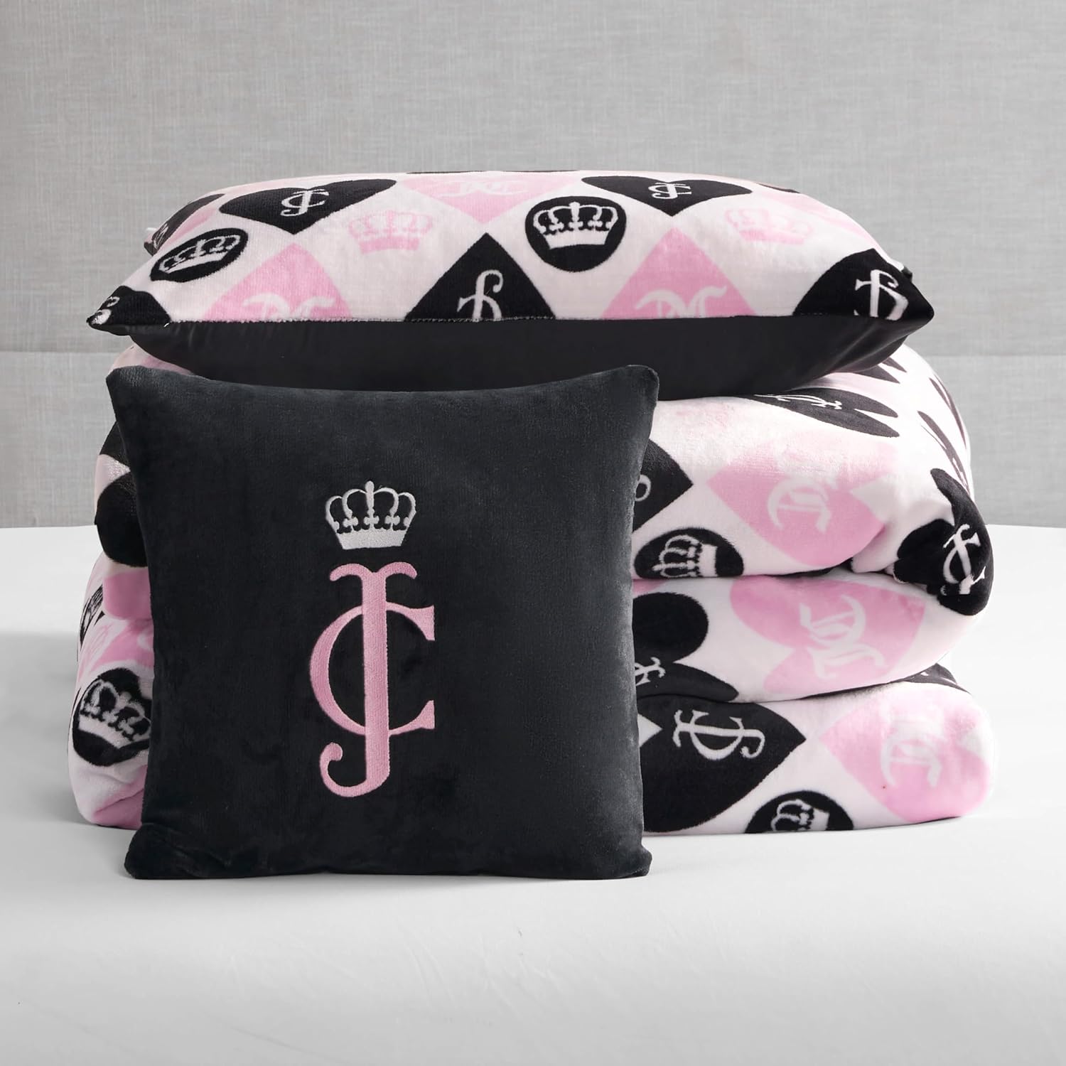 Juicy Couture Plush Reversible Queen Heart Logo 3-Piece Twin/Twin XL Comforter Set with Decorative Pillow, Pink