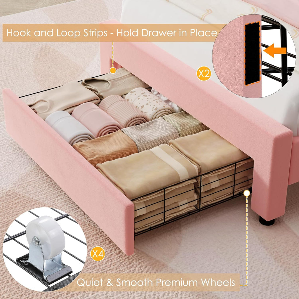 Keyluv Twin Princess Bed Frame with Storage Drawers, Soft Velvet Upholstered LED Platform Bed with Adjustable Cute Shell Headboard, No Box Spring Needed, Noise-Free, Pink