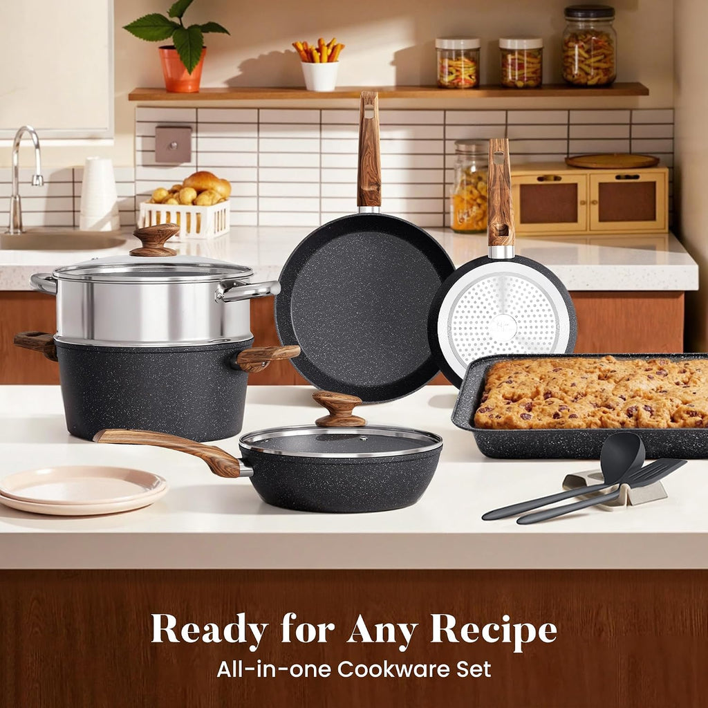 Kitchen Academy 17Pcs Induction Cookware Sets, Granite Pots and Pans Set Non Stick, Black Kitchen Cooking Pans, PFOA & PFOS Free