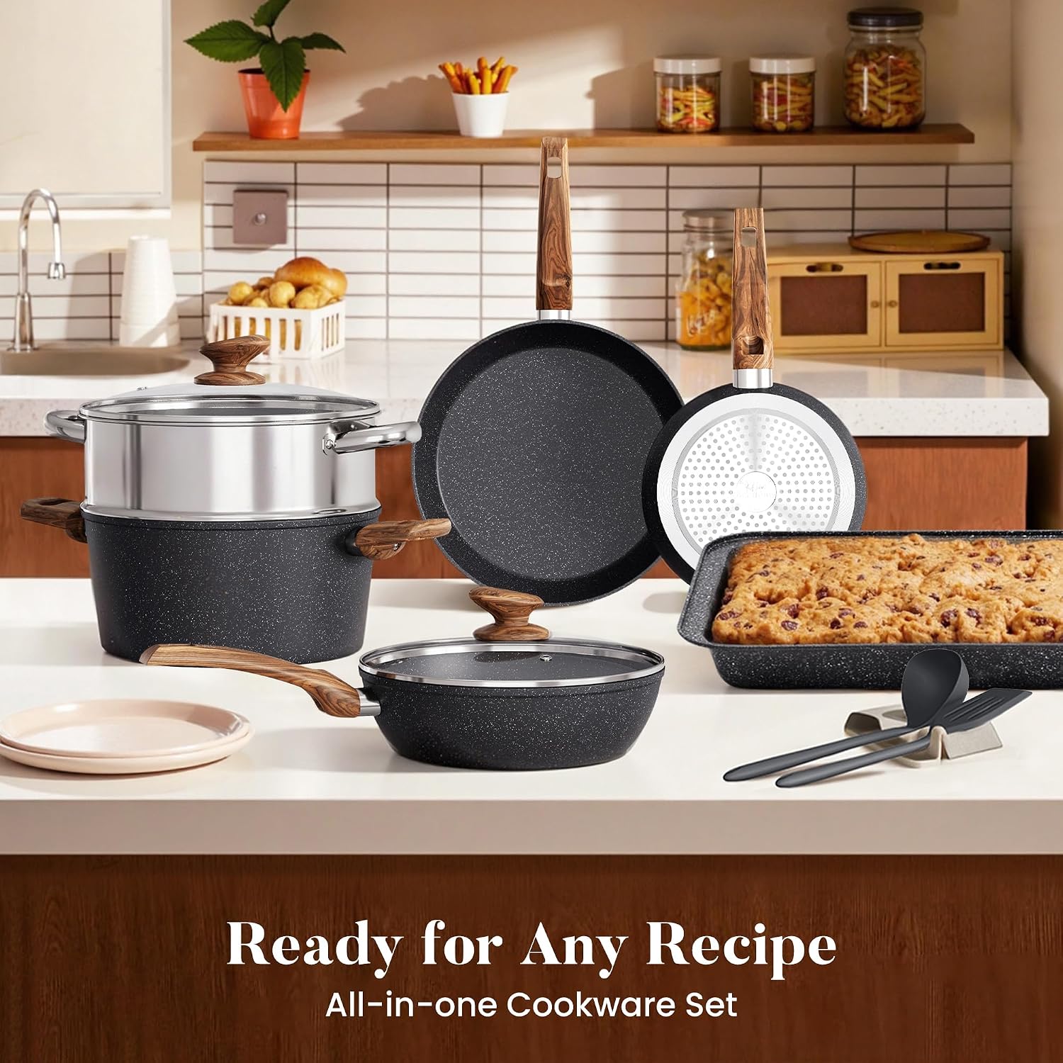 Kitchen Academy 17Pcs Induction Cookware Sets, Granite Pots and Pans Set Non Stick, Black Kitchen Cooking Pans, PFOA & PFOS Free