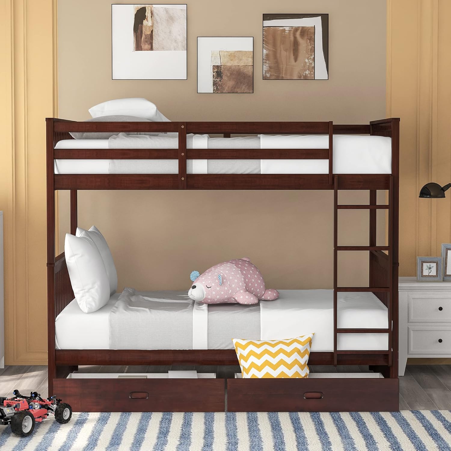 Harper & Bright Designs Twin-Over-Twin Bunk Bed with Two Storage Drawers, Solid Wood Twin Size Bunk Bed with Guardrial and Removble Ladder, Can be Converted Into 2 Separate Beds, Espresso