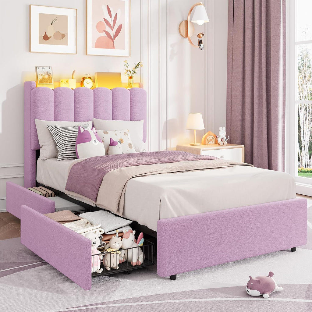 Garvee LED Twin Size Bed Frame with Storage Headboard, Kids Bed Frame with 2 Drawers, Boucle Upholstered Platform Bed for Girls, Chic Wavy Headboard with Bookcase, No Box Spring Needed, Purple