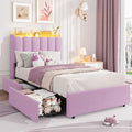 Garvee LED Twin Size Bed Frame with Storage Headboard, Kids Bed Frame with 2 Drawers, Boucle Upholstered Platform Bed for Girls, Chic Wavy Headboard with Bookcase, No Box Spring Needed, Purple