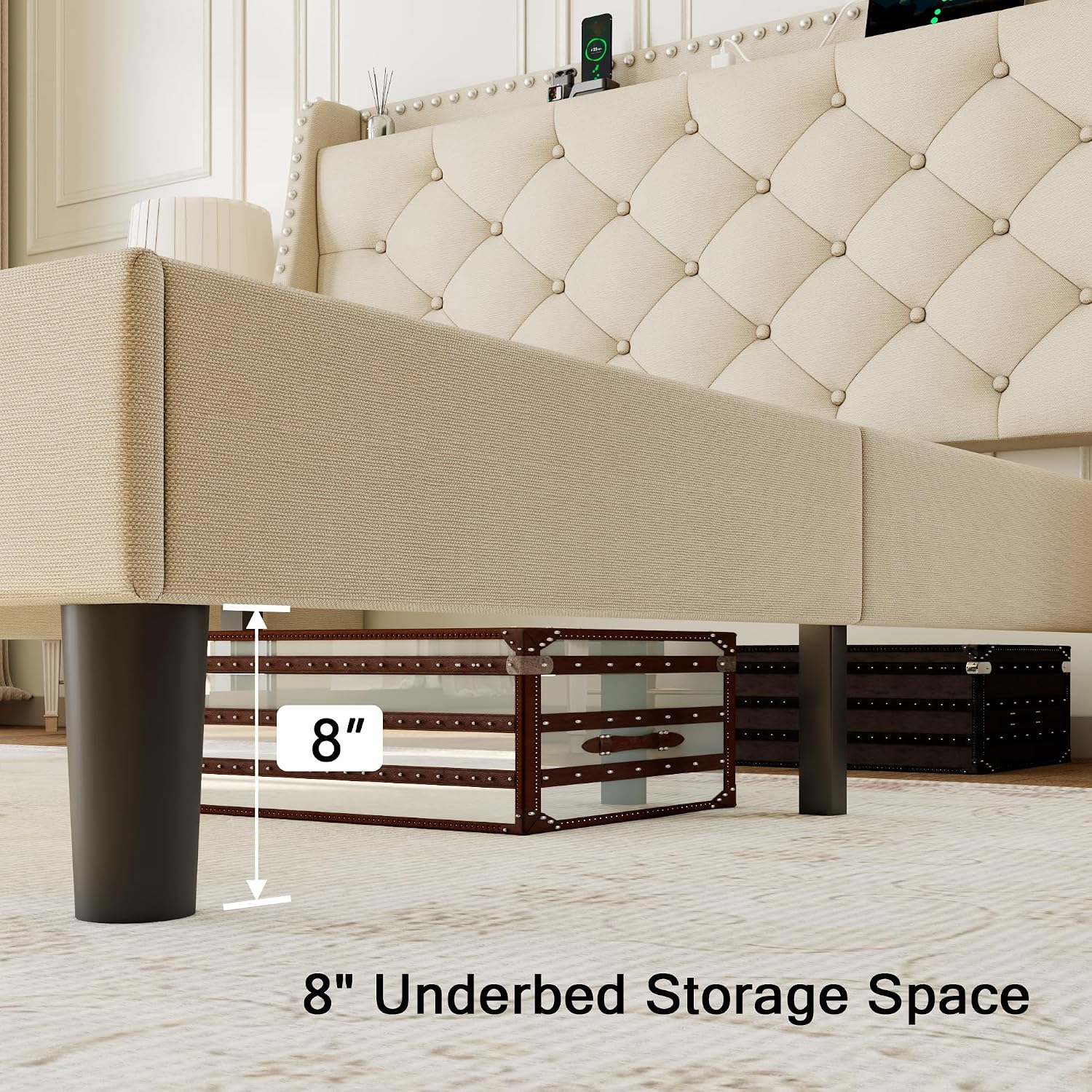 Einhomn Full Size Bed Frame with Wingback Button Tufted Storage Headboard and Type AC Ports, Upholstered Platform Bed, Wooden Slats Support, No Box Spring Needed, Noise-Free, Beige