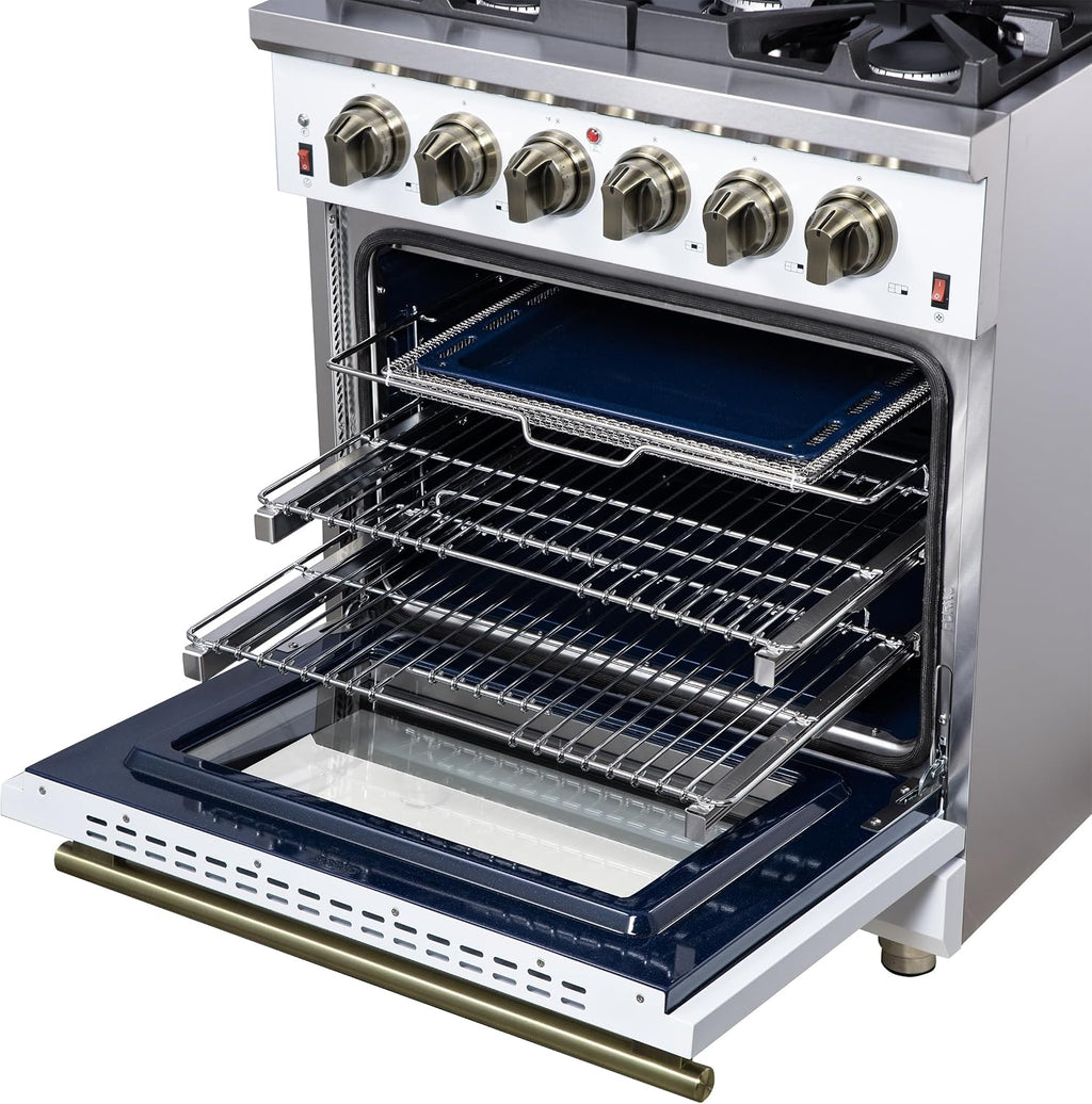 FORNO Massimo 30' Freestanding Gas Range with Antique Brass Accents & 5 Sealed Burners, 4.32 cu.ft Convection Oven with Air Fryer Kit, Wok Support, Reversible Griddle & Telescopic Racks – White