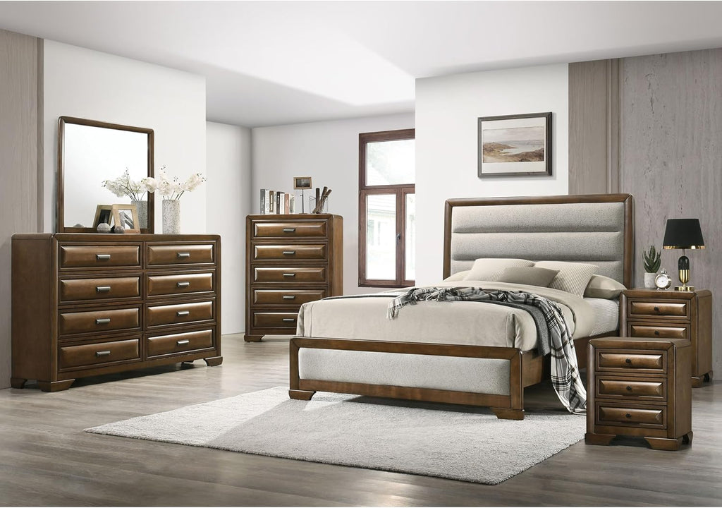 Furniture of America Johan Transitional Solid Wood 6-Piece Queen Panel Bedroom Set with Rounded Edges, Center Metal Glide and Padded Channel, Box Spring Needed, Brown and Light Gray