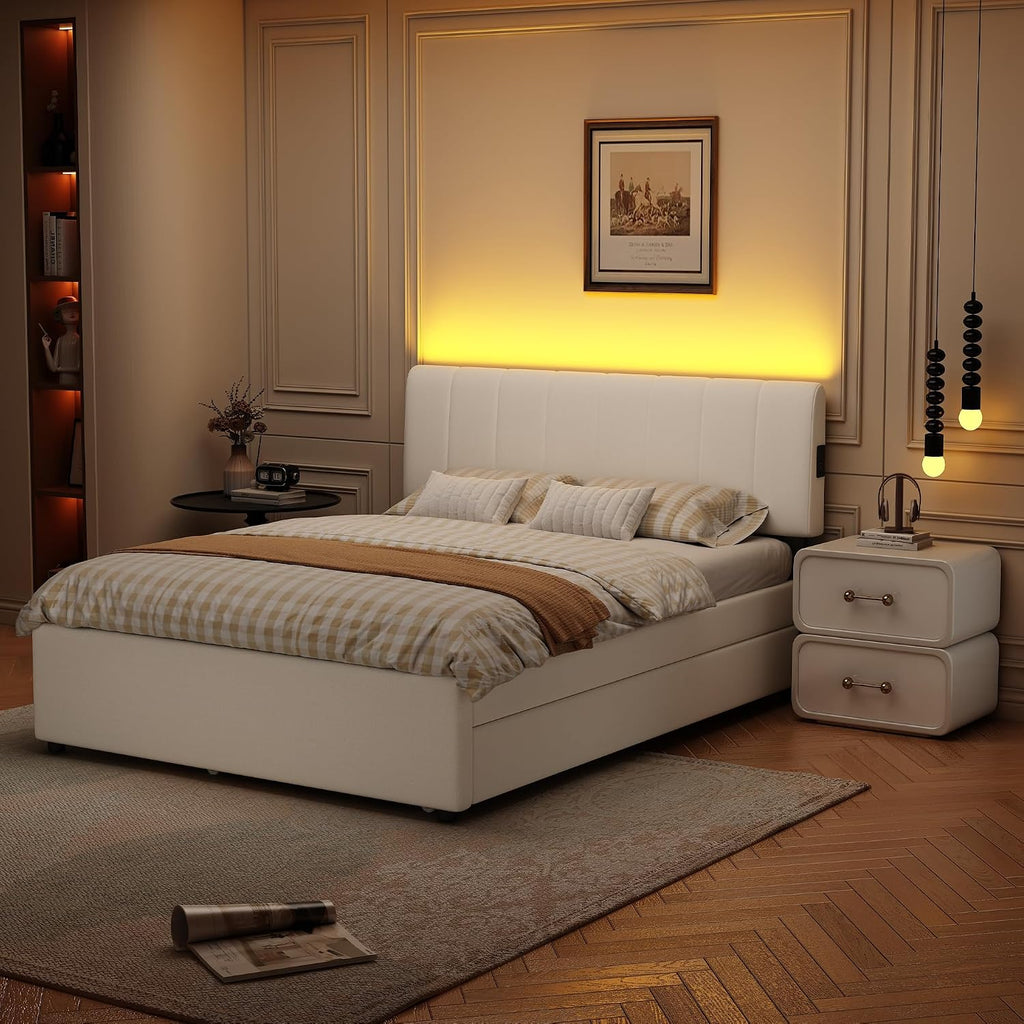 Full Size Upholstered Platform Bed with Trundle,2 Storage Drawers & USB/Type-C Charging,Chenille Fabric Bed Frame with APP-Controlled LED Lights,No Box Spring Needed,800LBS Capacity for Bedroom,Beige