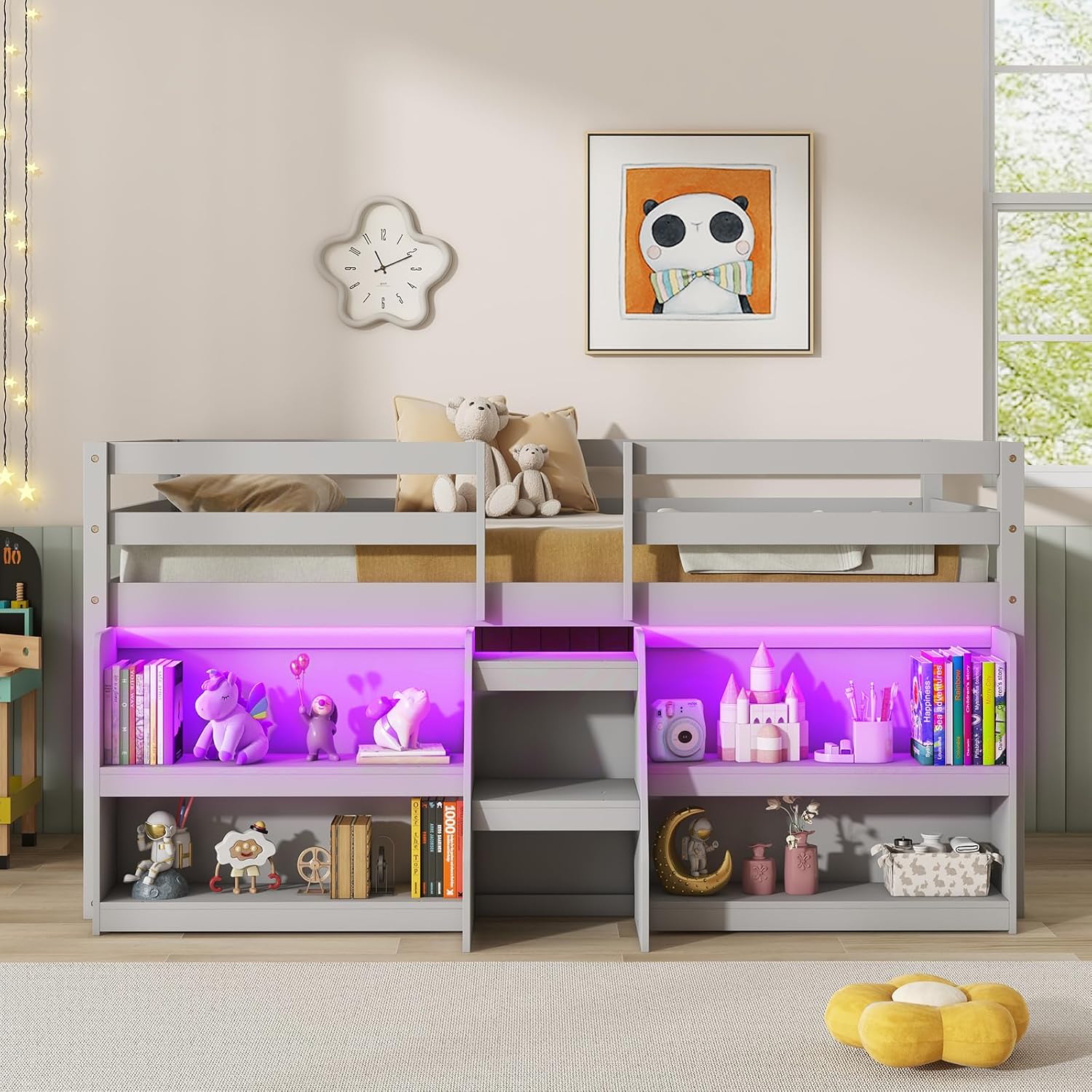 Giantex Twin Loft Bed with LED Lights, Wooden Loft Bed Twin Size with Stairs & Safety Guardrail, Low Loft Bed for Kids with Storage Bookcase and Under-Bed Play Space, Grey