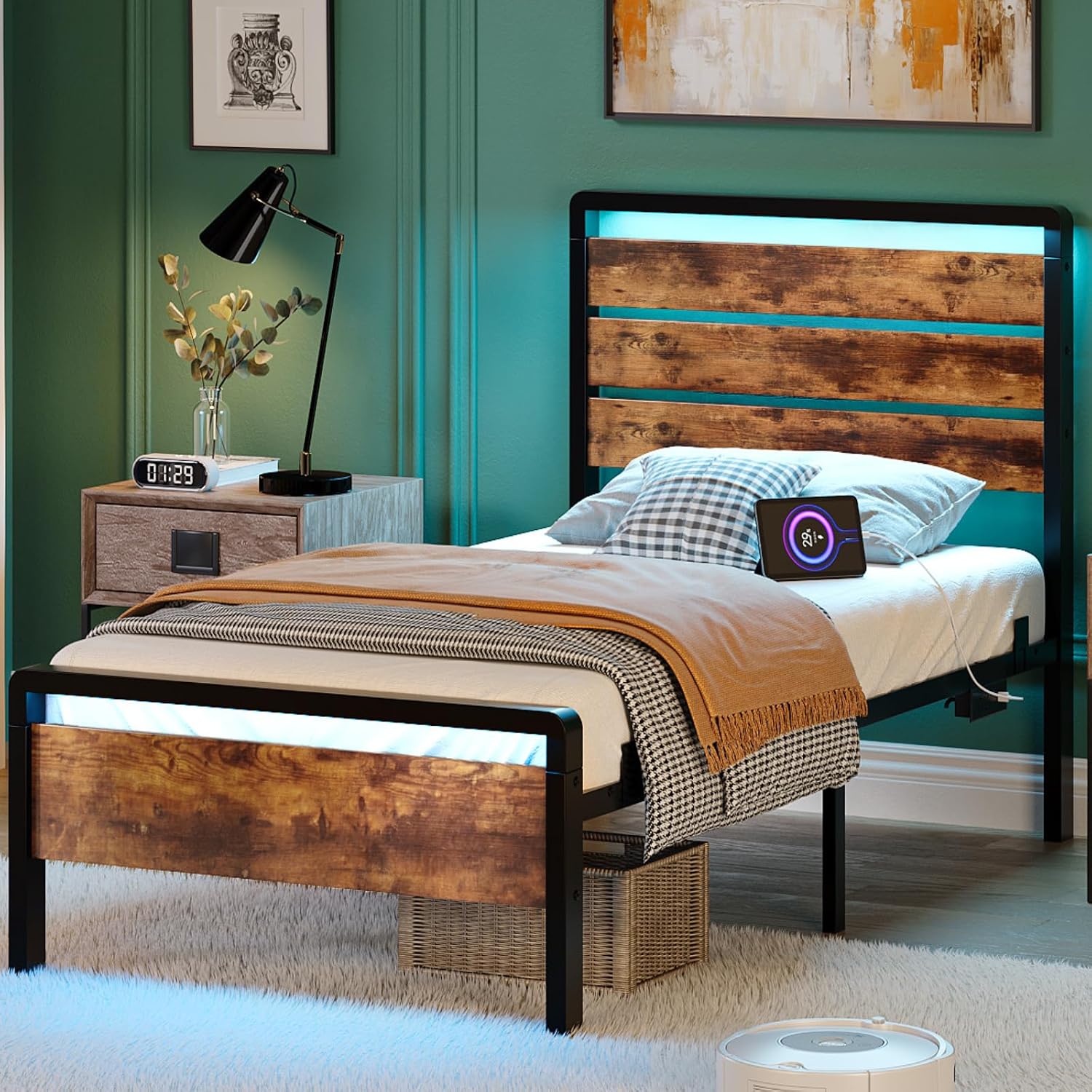 VINGLI Twin Bed Frame Set of 2 with LED Headboard & Footboard, USB Charging Station, Metal Single Platform with 12-Inch Under Bed Storage Space for Dorm Bedroom Kids Teen Guest Room, Industrial Brown