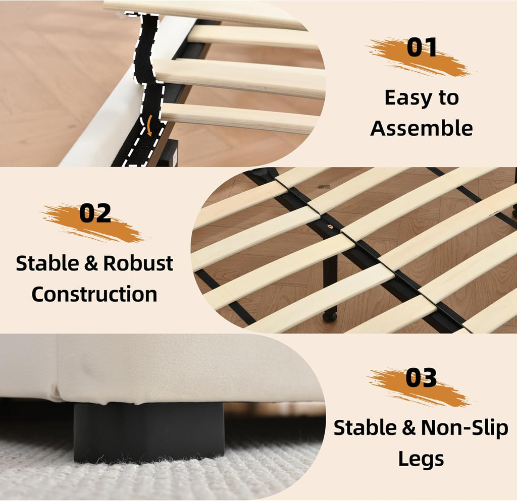 King Size Bed Frame with 63' Tall Headboard, Velvet Fabric Upholstered Platform Bed with 2 Large Storage Drawers, Deep Button Tufted, Wooden Slats, Easy Assembly, No Box Spring Needed, Cream