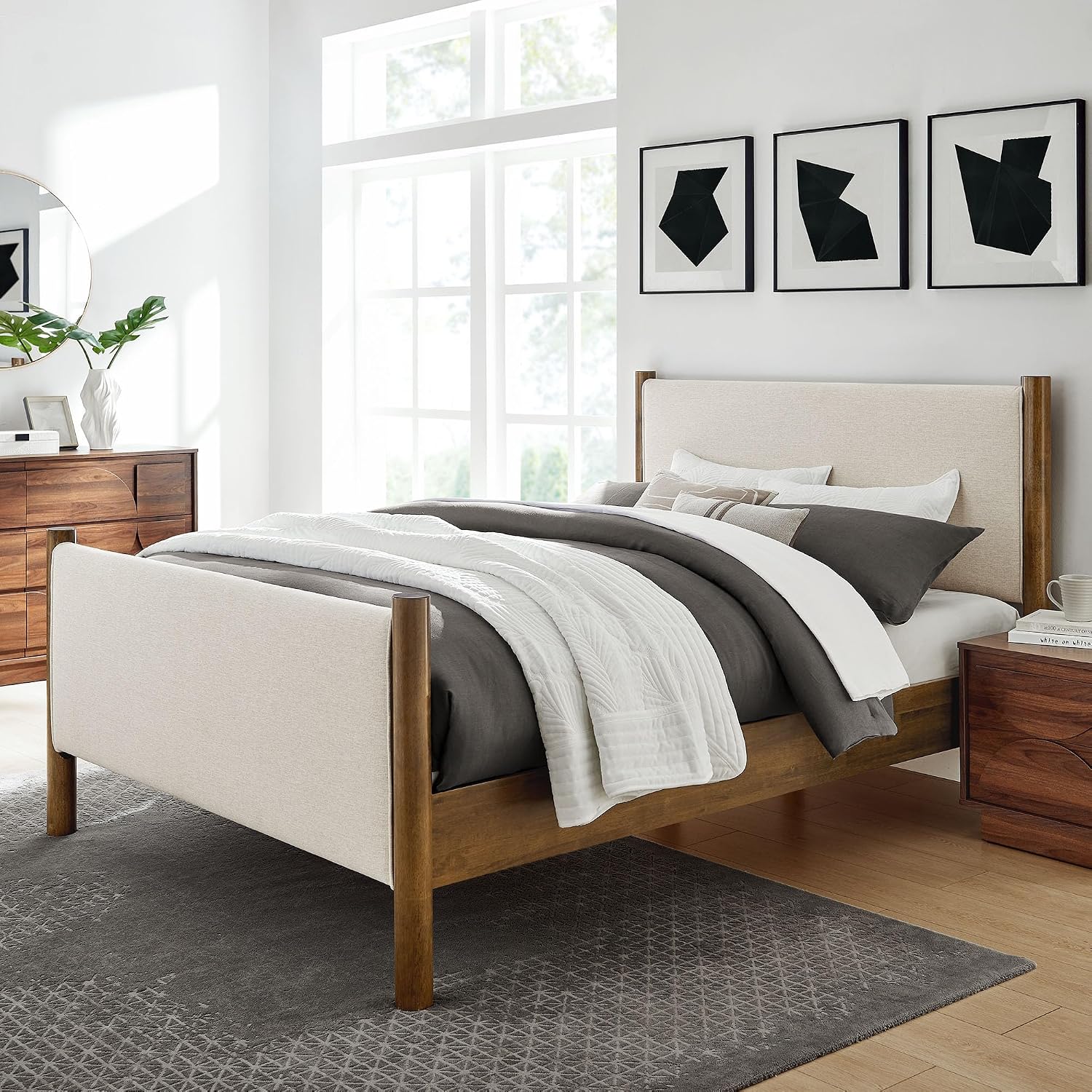 Modway Maven King Size Bed Frame in Ivory Walnut with Upholstered Fabric Headboard and Footboard – Wood King Platform Bed Frame – No Box Spring Needed