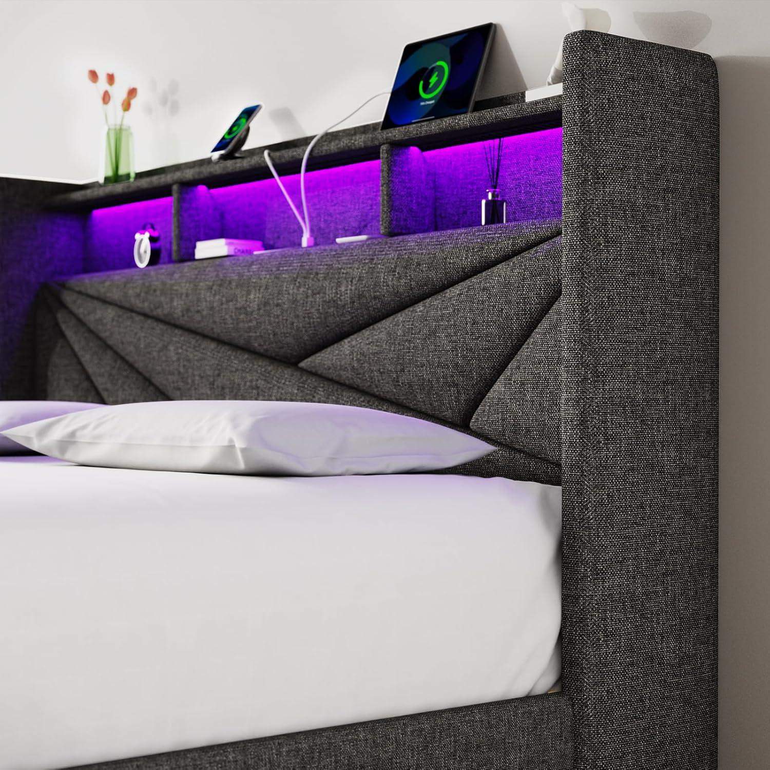 Driftalia Full Size Bed Frame with 4 Storage Drawers, Upholstered Full Bed Frame with LED Lights Headboard and Charging Station, No Box Spring Needed, Easy Assembly - Dark Grey