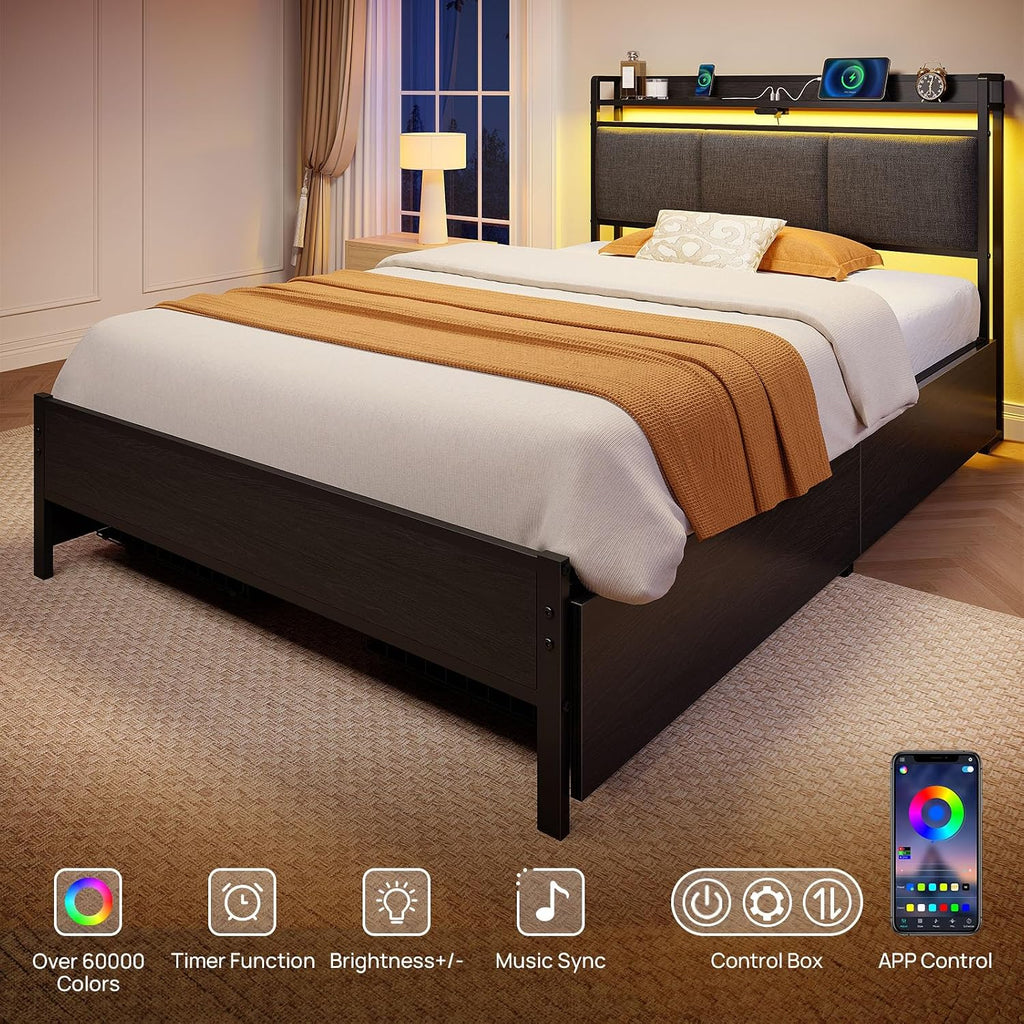 Rolanstar Bed Frame Twin Size with Charging Station and LED Lights, Upholstered Storage Headboard with Drawers, Heavy Duty Metal Slats, No Box Spring Needed, Noise Free, Easy Assembly, Dark Grey