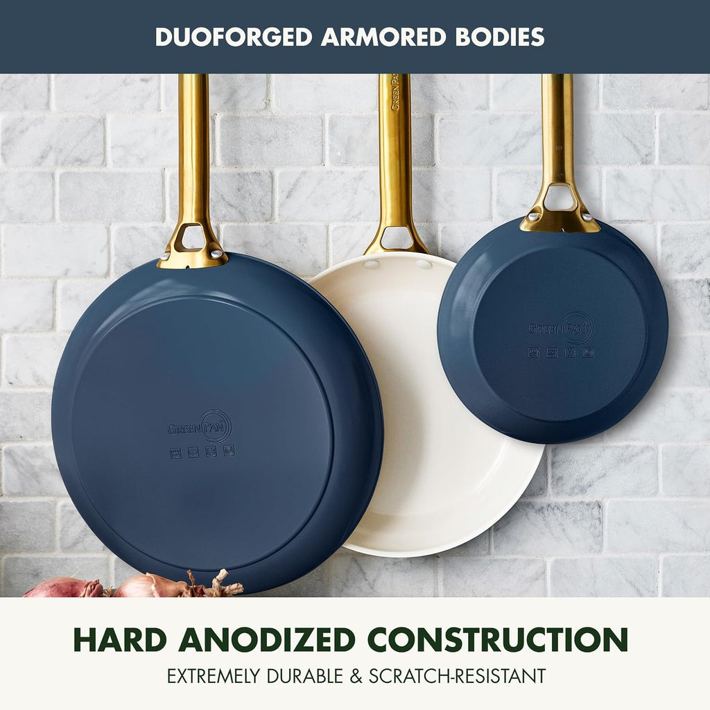 GreenPan Hard Anodized Healthy Ceramic Nonstick 8' 10' and 12' 3 Piece Frying Pan Skillet Set, Gold Handle, Induction, PFAS-Free, Dishwasher Safe, Oven Safe, Twilight Blue
