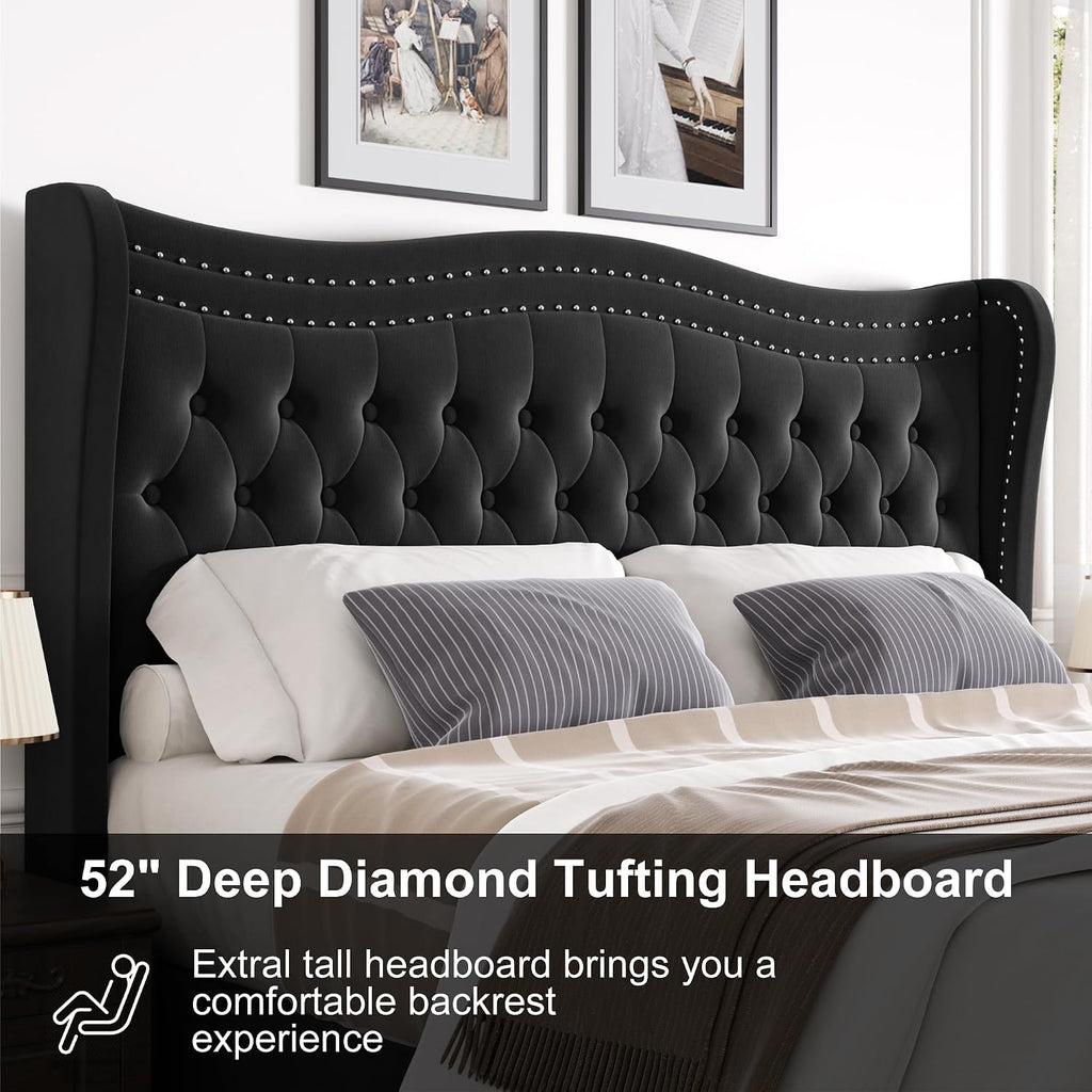 King Bed Frame with Tall Headboard & Footboard, Velvet Upholstered Platform Bed Frame with Deep Button Tufted Wingback, No Box Spring Needed, Noise Free, Black