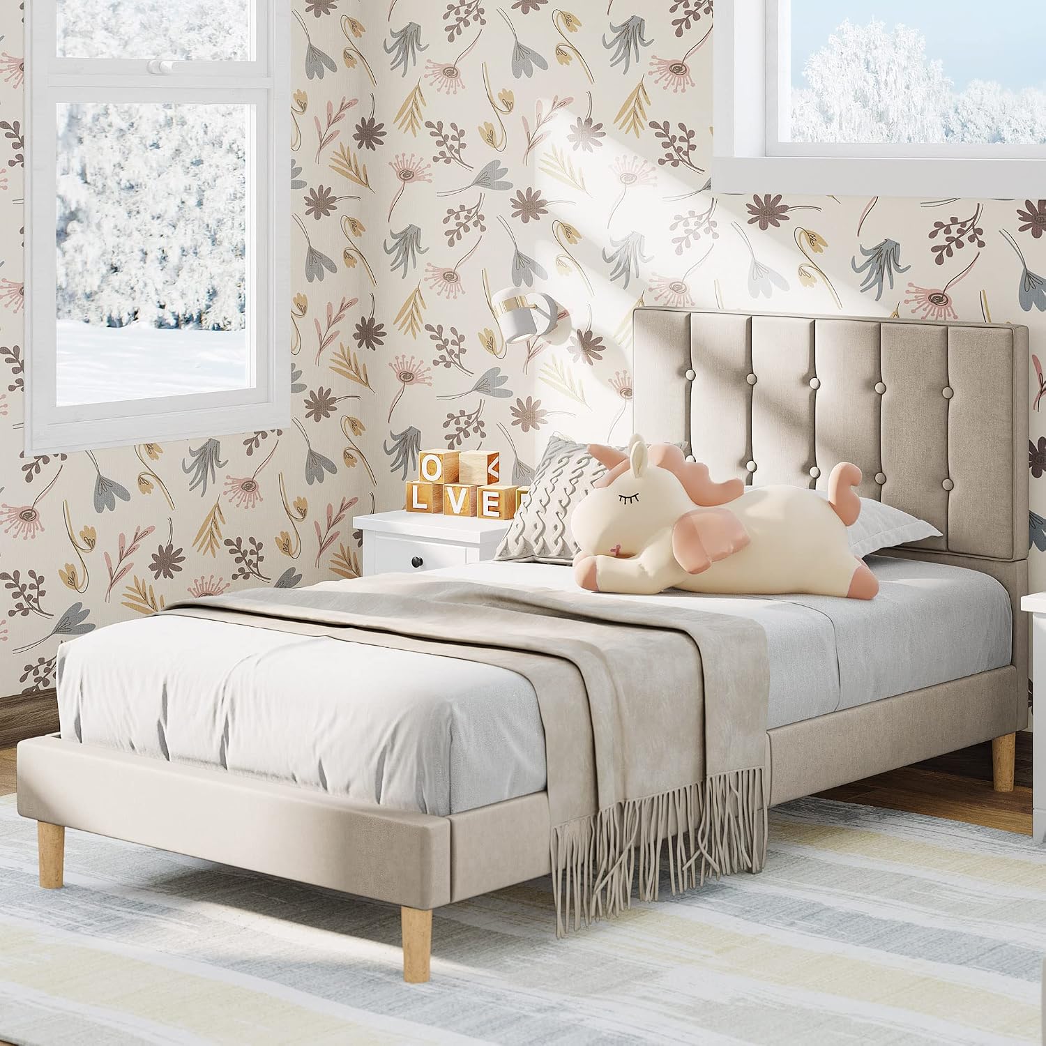 LIKIMIO Twin Bed Frames, Velvet Upholstered Platform Bed Frame with Headboard and Strong Wooden Slats, No Box Spring Needed/Noise-Free/Easy Assembly, Beige