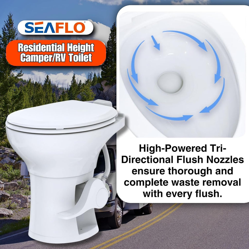 SEAFLO Porcelain RV Toilet with Elongated Bowl, 19' Residential Height, Gravity Flush, Foot Pedal Flush, Soft Close Seat, Easy Install, Camper Toilet, 4-Year Warranty, SFRTCH-02-01