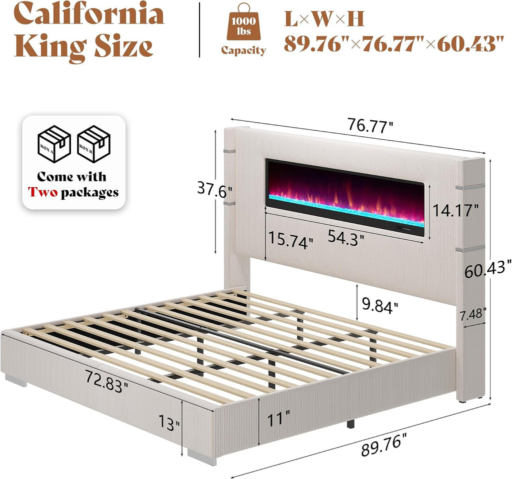 AMERLIFE Modern California King Size Bed Frame with Fireplace, Corduroy Upholstered Bed Frame with 60.4' Extra Tall Headboard, Wingback Platform Bed Frame Wooden Slats/No Box Spring Needed, Beige