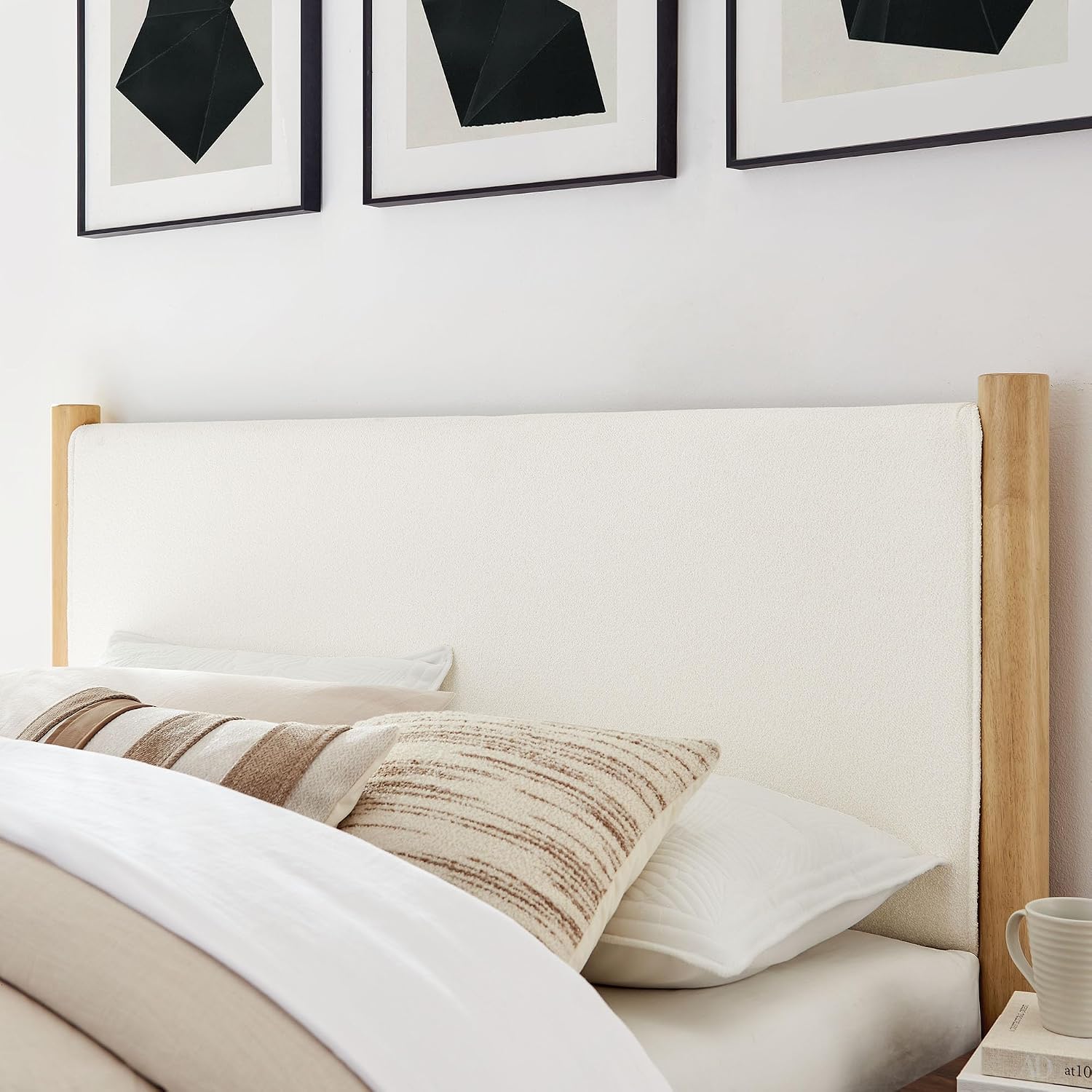 Modway Maven King Size Bed Frame in Feather Oak with Upholstered Boucle Headboard and Footboard – Wood King Platform Bed Frame – No Box Spring Needed