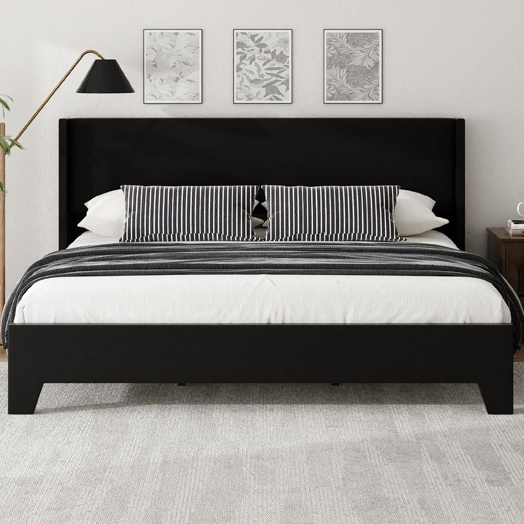 King Bed Frame with Faux Leather Upholstered Headboard, Wear-Resistant, Easy Clean, Mattress Foundation, No Box Spring Required, Easy Assembly, Black