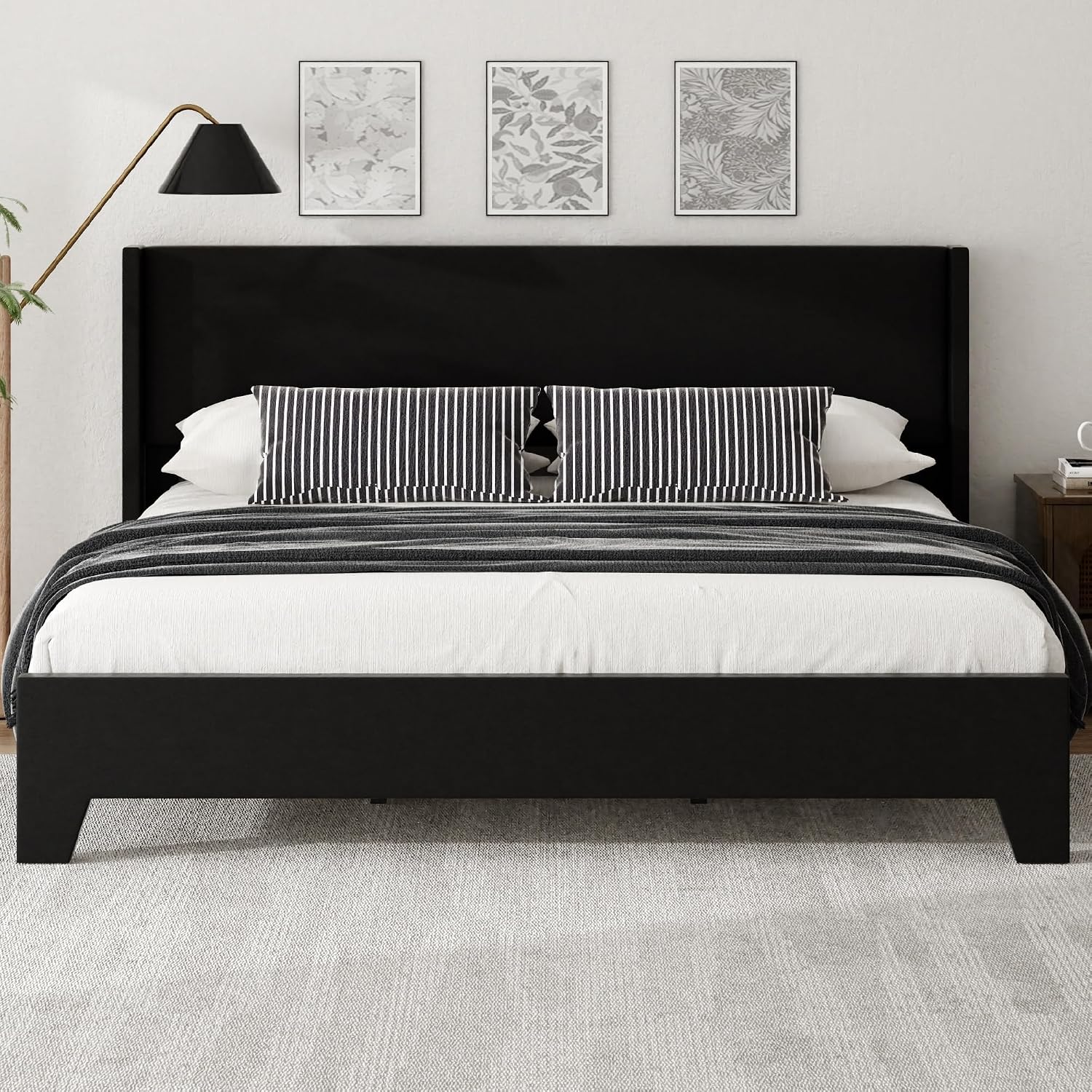 King Bed Frame with Faux Leather Upholstered Headboard, Wear-Resistant, Easy Clean, Mattress Foundation, No Box Spring Required, Easy Assembly, Black