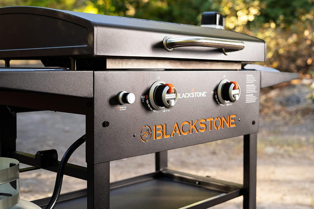 Blackstone 1883 Gas Hood & Side Shelves Heavy Duty Flat Top Griddle Grill Station & OXO Good Grips Chef's Squeeze Bottle Set, Plastic, Translucent