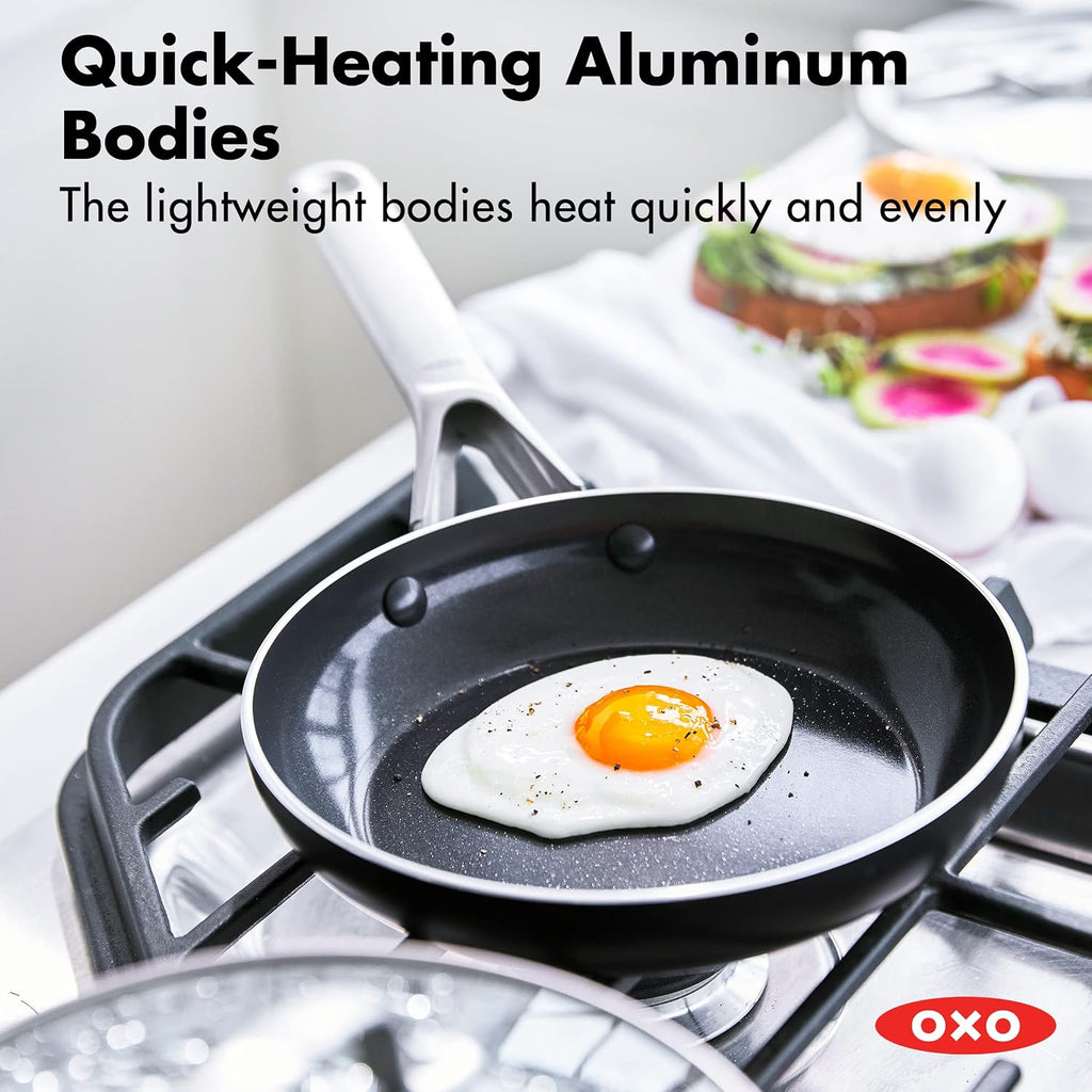 OXO Agility Series 10 Piece Cookware Pots and Pans Set, Ceramic Nonstick PFAS-Free, Induction, Skillets,Saucepans,Lids,Even Heating,Stainless Steel Handles,Chip-Free Rims,Dishwasher & Oven Safe,Black