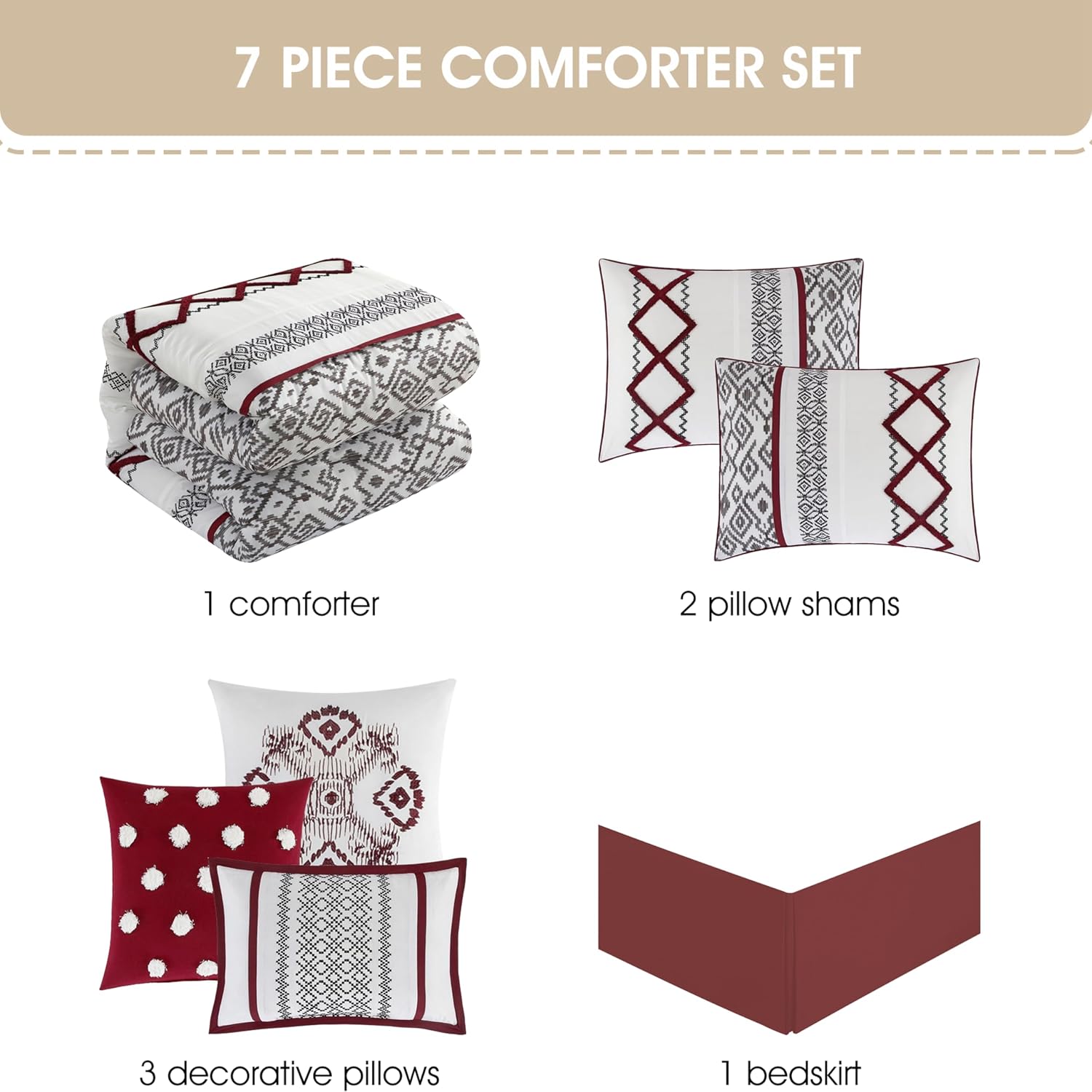 Grand Avenue White Red Comforter Set King Size, 7 Piece Terry Embroidery All Season Bedding Set, Bedskirt, Pillows & Shams