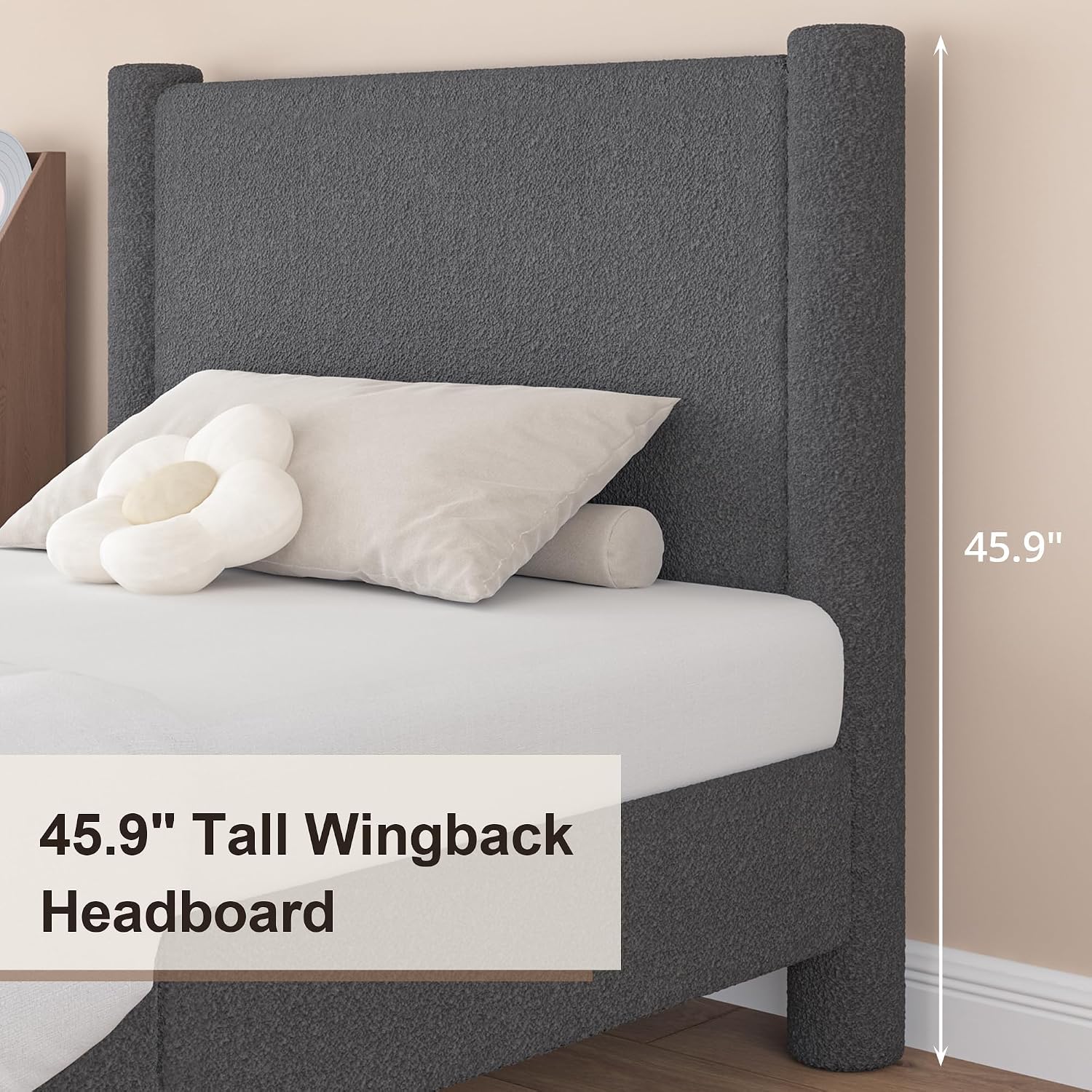 REVOMINCA Full Size Bed Frame, Boucle Upholstered Platform Bed with Headboard and Footboard, Soft Rounded Corners, No Box Spring Required, Easy Assembly, Dark Grey