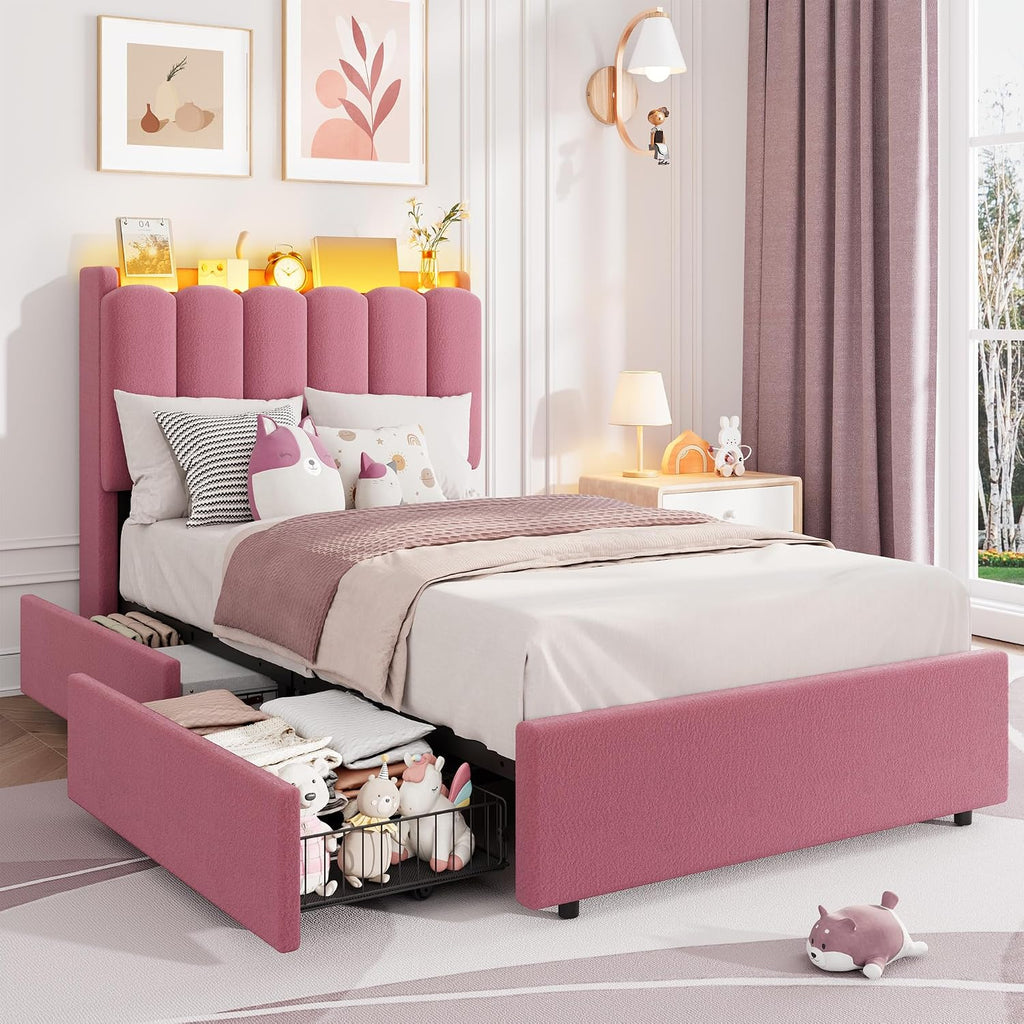 Garvee LED Twin Size Bed Frame with Storage Headboard, Kids Bed Frame with 2 Drawers, Boucle Upholstered Platform Bed for Girls, Chic Wavy Headboard with Bookcase, No Box Spring Needed, Dark Pink