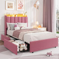 Garvee LED Twin Size Bed Frame with Storage Headboard, Kids Bed Frame with 2 Drawers, Boucle Upholstered Platform Bed for Girls, Chic Wavy Headboard with Bookcase, No Box Spring Needed, Dark Pink