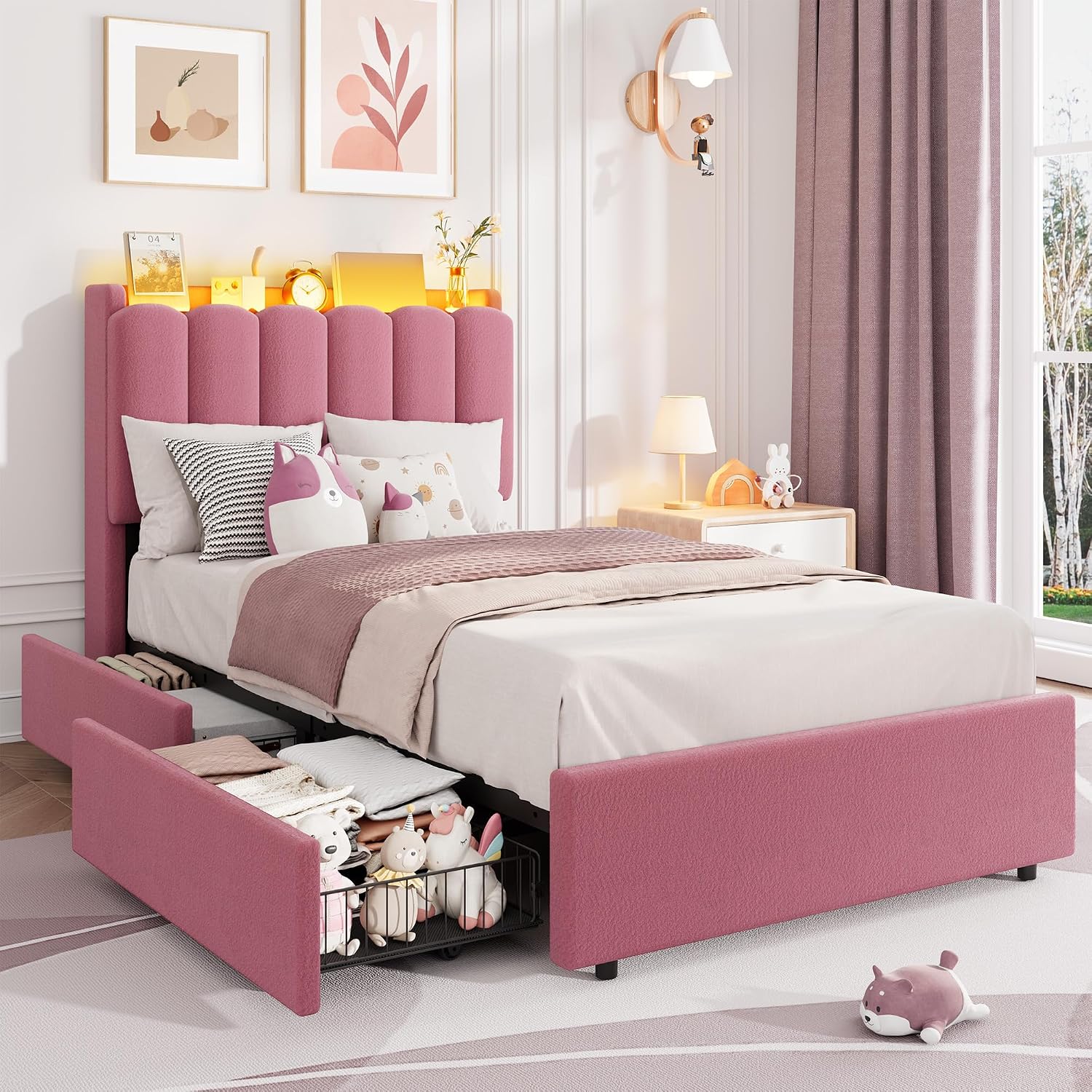 Garvee LED Twin Size Bed Frame with Storage Headboard, Kids Bed Frame with 2 Drawers, Boucle Upholstered Platform Bed for Girls, Chic Wavy Headboard with Bookcase, No Box Spring Needed, Dark Pink
