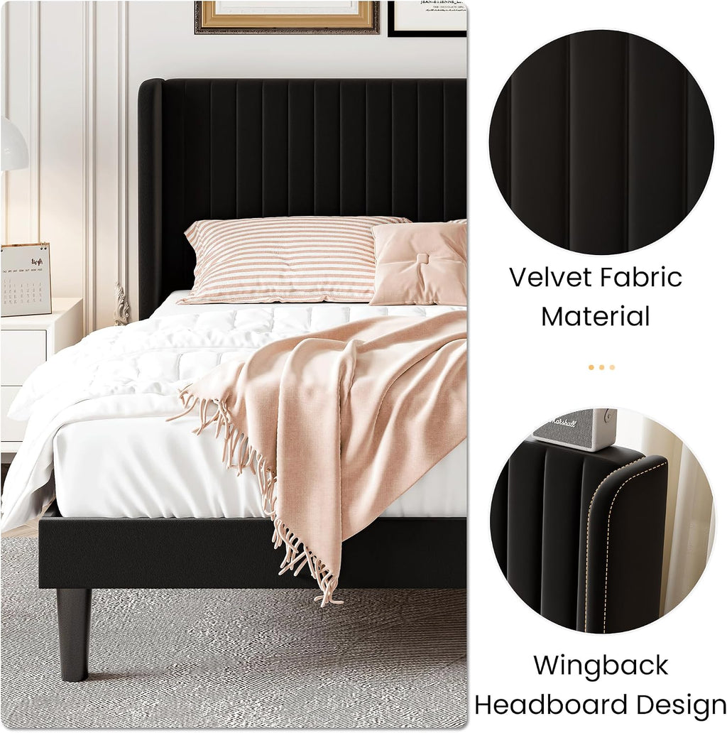 SHA CERLIN Full Size Velvet Bed Frame with Vertical Channel Tufted Wingback Headboard, Upholstered Platform Bed with Wood Slats, No Box Spring Needed, Easy Assembly, Black