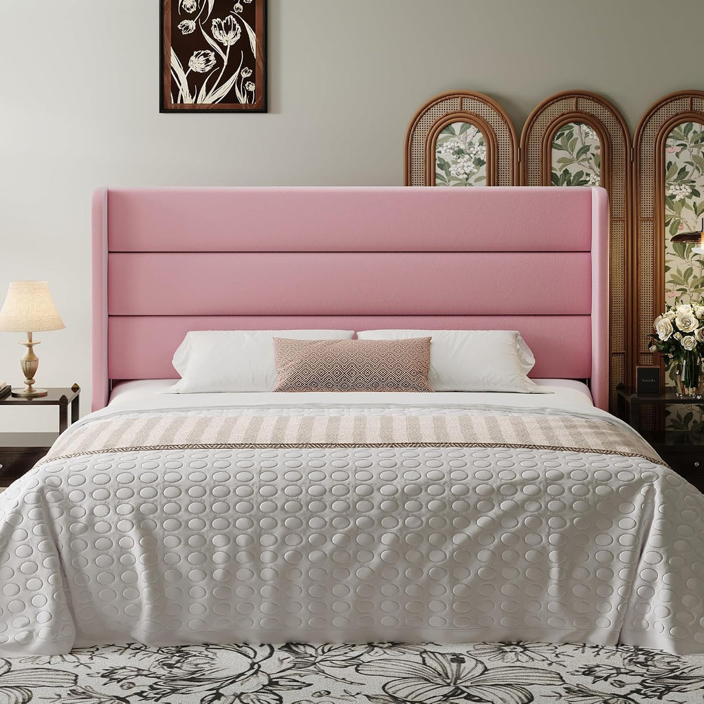 SHA CERLIN Queen Size Velvet Bed Frame with Wingback Headboard/Upholstered Platform Bed with Wooden Slats/Mattress Foundation/No Box Spring Needed/Easy Assembly/Pink