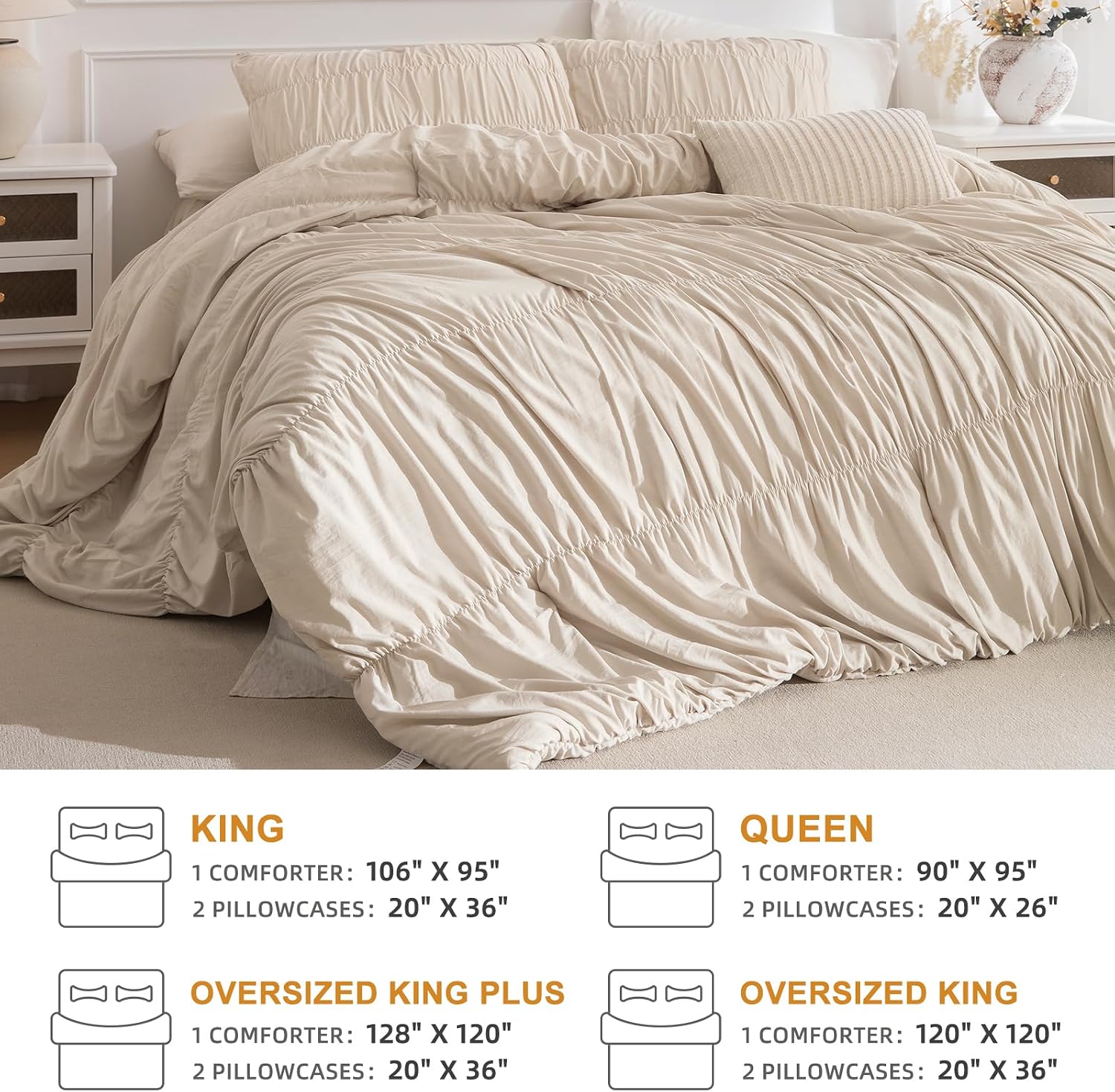 Masaca Oversized King Comforter 128'x120',Ruched Wheat Extra Large King Comforter Set,3 Pieces Lightweight Fluffy Ruffle Comforter Set Shabby Boho Chic Bedding Ultra Soft