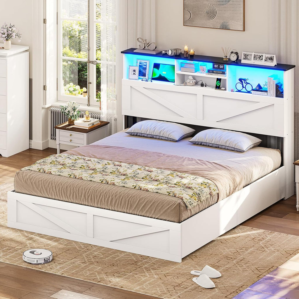 VIAGDO Farmhouse Bed Frame Queen Size with Bookcase Storage Headboard, Charging Station and LED Lights, Wooden Queen Bed Frame with 4 Drawers, Barn Door Design, No Box Spring Needed, No Noise, White