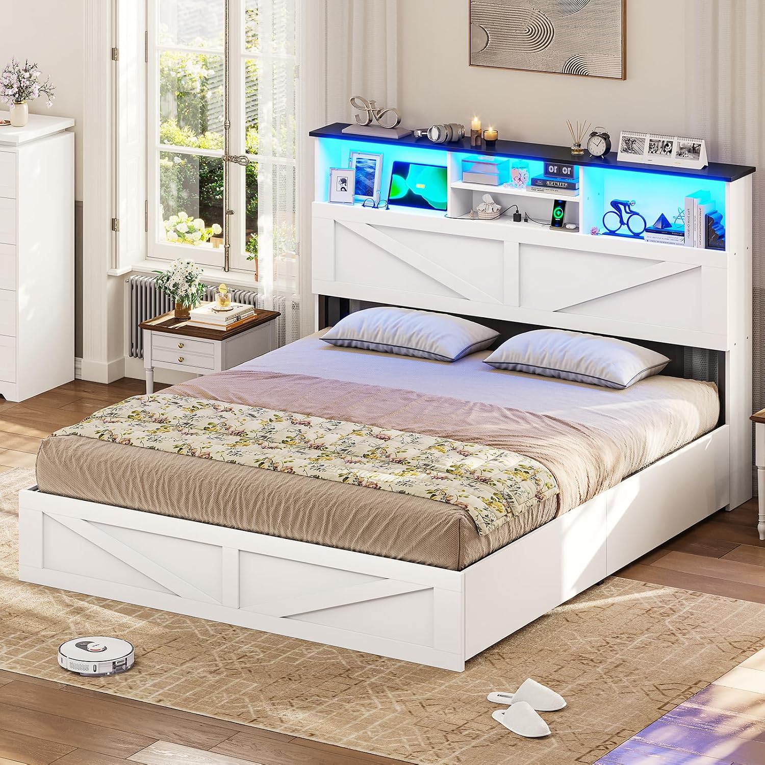 VIAGDO Farmhouse Bed Frame Full Size with Bookcase Storage Headboard, Charging Station and LED Lights, Wooden Full Bed Frame with 4 Drawers, Barn Door Design, No Box Spring Needed, No Noise, White