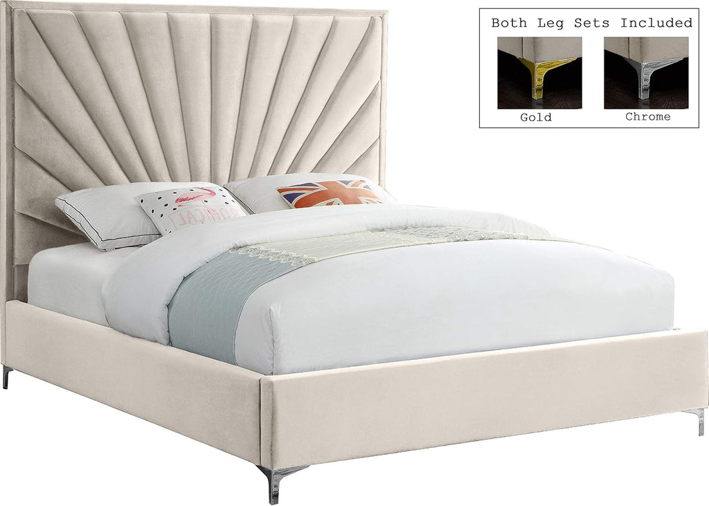 Meridian Furniture Eclipse Collection Modern | Contemporary Velvet Upholstered Bed with Channel Tufted Design and Complete Sets of Gold and Chrome Legs Included, King, Cream