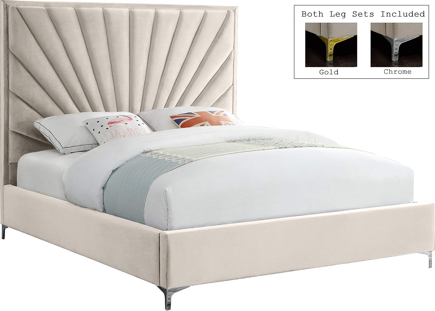 Meridian Furniture Eclipse Collection Modern | Contemporary Velvet Upholstered Bed with Channel Tufted Design and Complete Sets of Gold and Chrome Legs Included, King, Cream