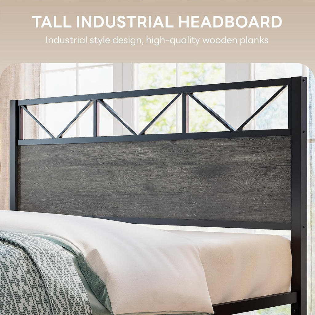 LIKIMIO California King Bed Frame, Tall Industrial Headboard 51.1 ', Platform Bed Frame with Strong Metal Support, Solid and Stable, Noise Free, No Box Spring Needed, Easy Assembly, Charcoal Grey