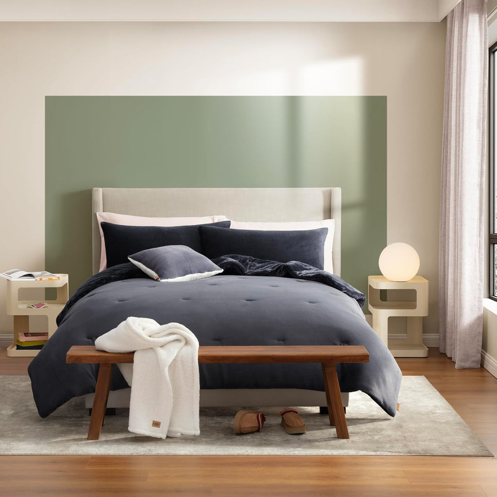 UGG Remina Comforter Set 5 Piece Bed in a Bag with Throw Blanket, Decorative Pillow, Shams, and Reversible Comforter Hypoallergenic Washable Luxury Plush Warm Plush Fluffy Bedding Set, King, Navy Blue