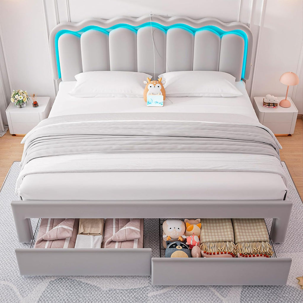 King Upholstered LED Bed Frame with 2 Storage Drawers and Adjustable Chic Double Wavy Headboard, Velvet Princess Platform Bed with Charing Station, Solid Wood Slats Support, No Box Spring Needed, Grey