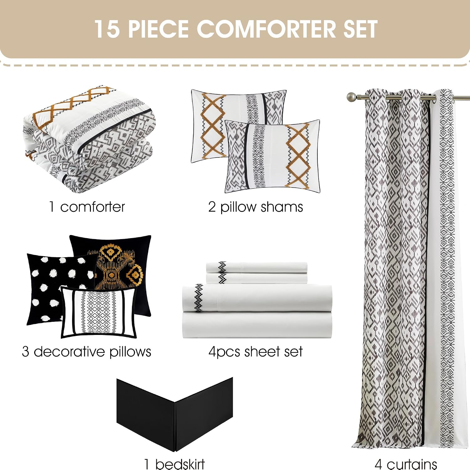 Stratford Park Black Gold Comforter Set Queen Size, 15 Piece Terry Embroidery All Season Room-in-A-Bag, Matching Curtains, Sheet Set, Pillows & Shams