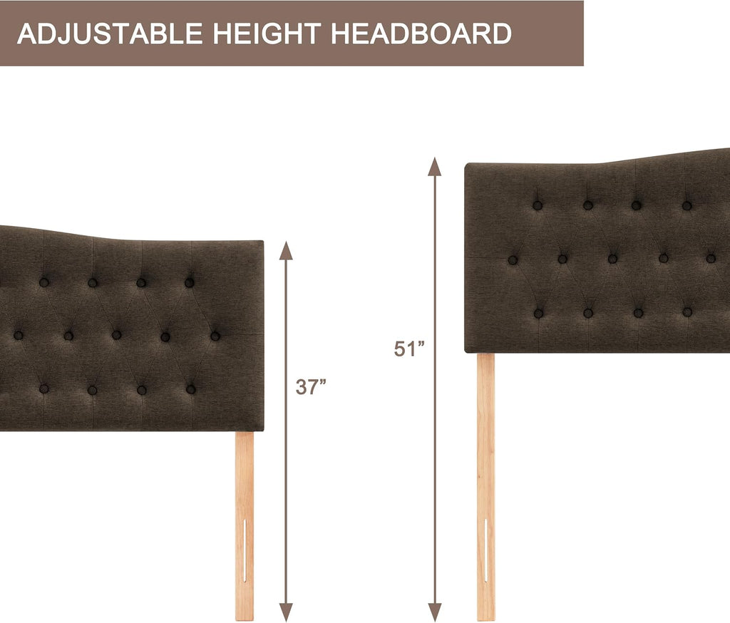 Huatean Home Tufted Upholstered Headboard King Size, Sturdy and Durable Solid Wood Bed headboard, Fabric Headboard Adjustable Height from 37' to 51', Modern Button Diamond Design Head Board, Chocolate