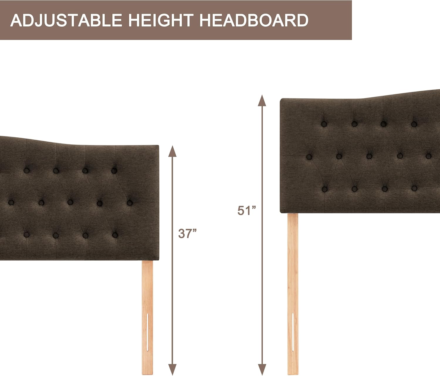 Huatean Home Tufted Upholstered Headboard King Size, Sturdy and Durable Solid Wood Bed headboard, Fabric Headboard Adjustable Height from 37' to 51', Modern Button Diamond Design Head Board, Chocolate