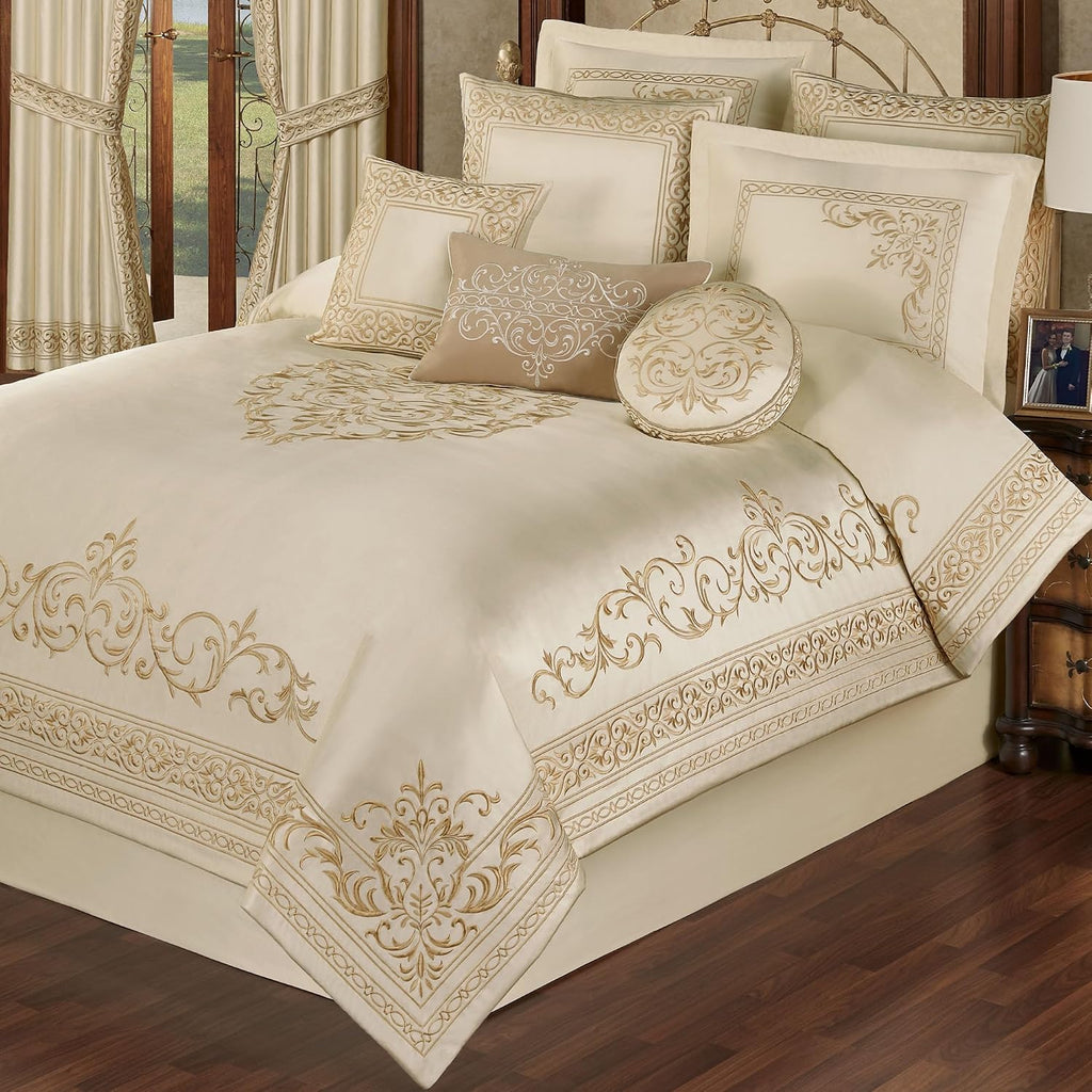 Touch of Class Versailles Luxury Bedding | Classic Neutral Pearl | Palace-Inspired French Style Golden Scrollwork Embroidery on Sateen 4 Piece Set: Queen Comforter, Bedskirt & 2 Standard Shams