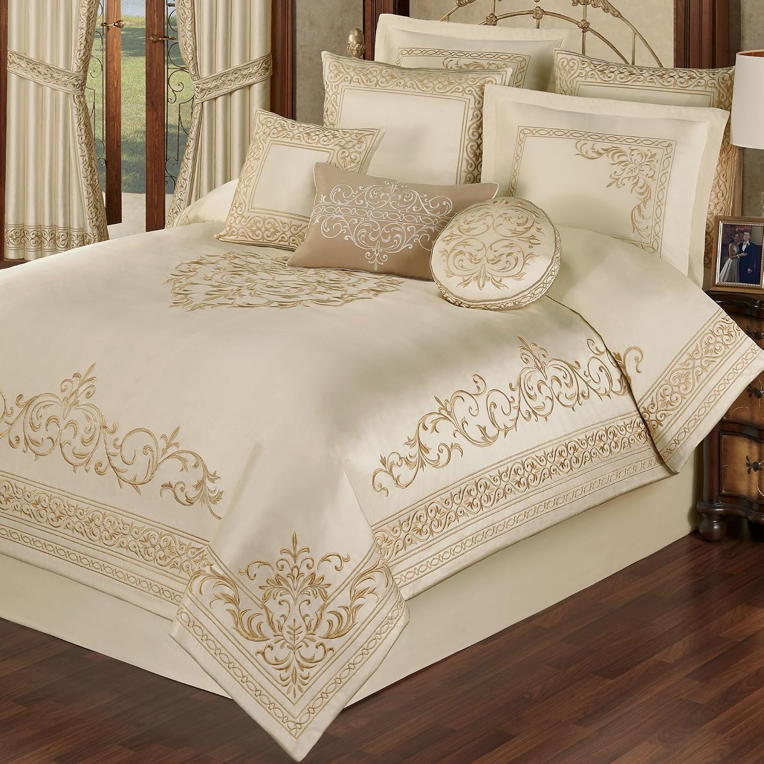 Touch of Class Versailles Luxury Bedding | Classic Neutral Pearl | Palace-Inspired French Style Golden Scrollwork Embroidery on Sateen 4 Piece Set: Queen Comforter, Bedskirt & 2 Standard Shams