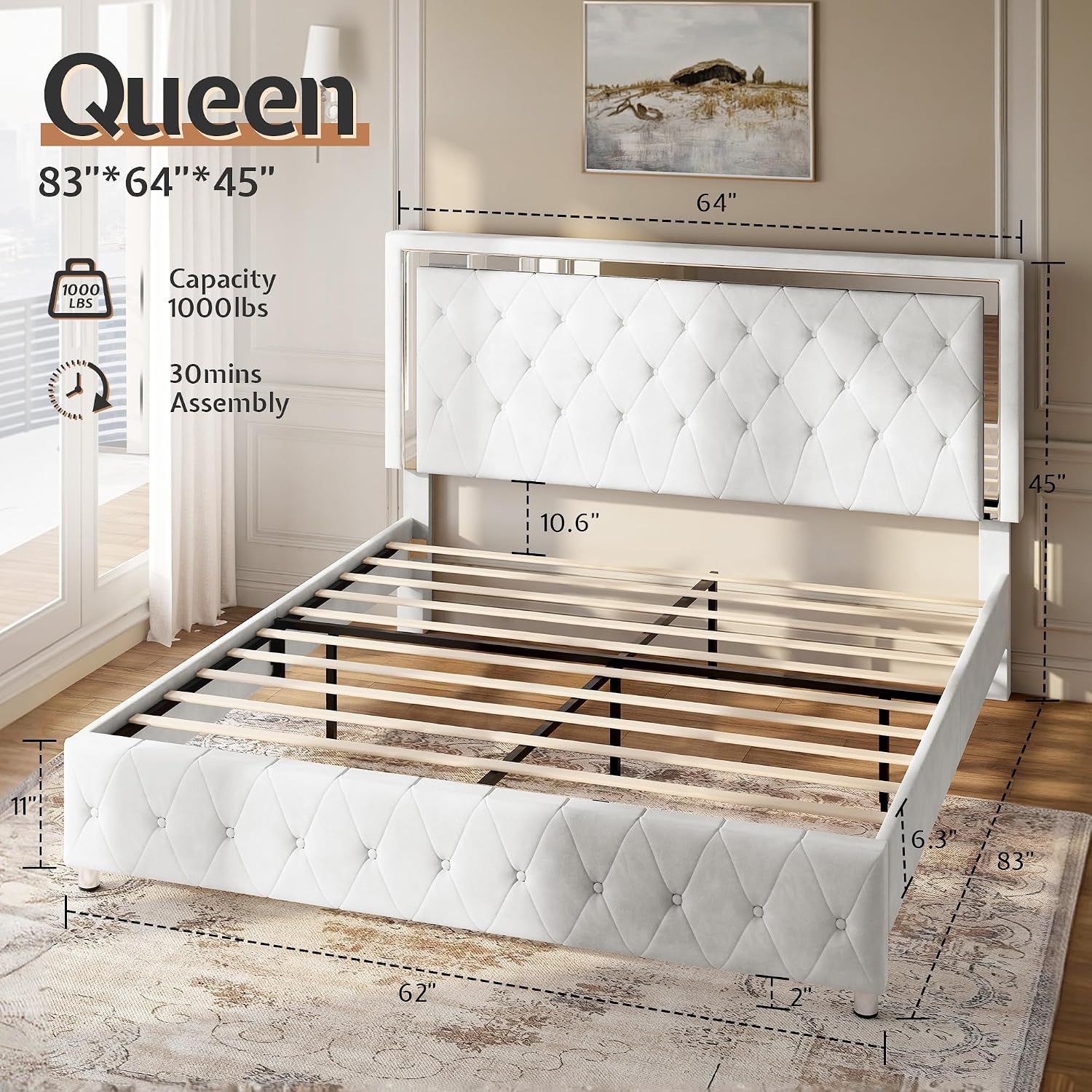 Jocisland Queen Bed Frame with LED Lights Headboard&Footboard, Velvet Upholstered Queen Size Platform Bed Frame No Box Spring Needed/White