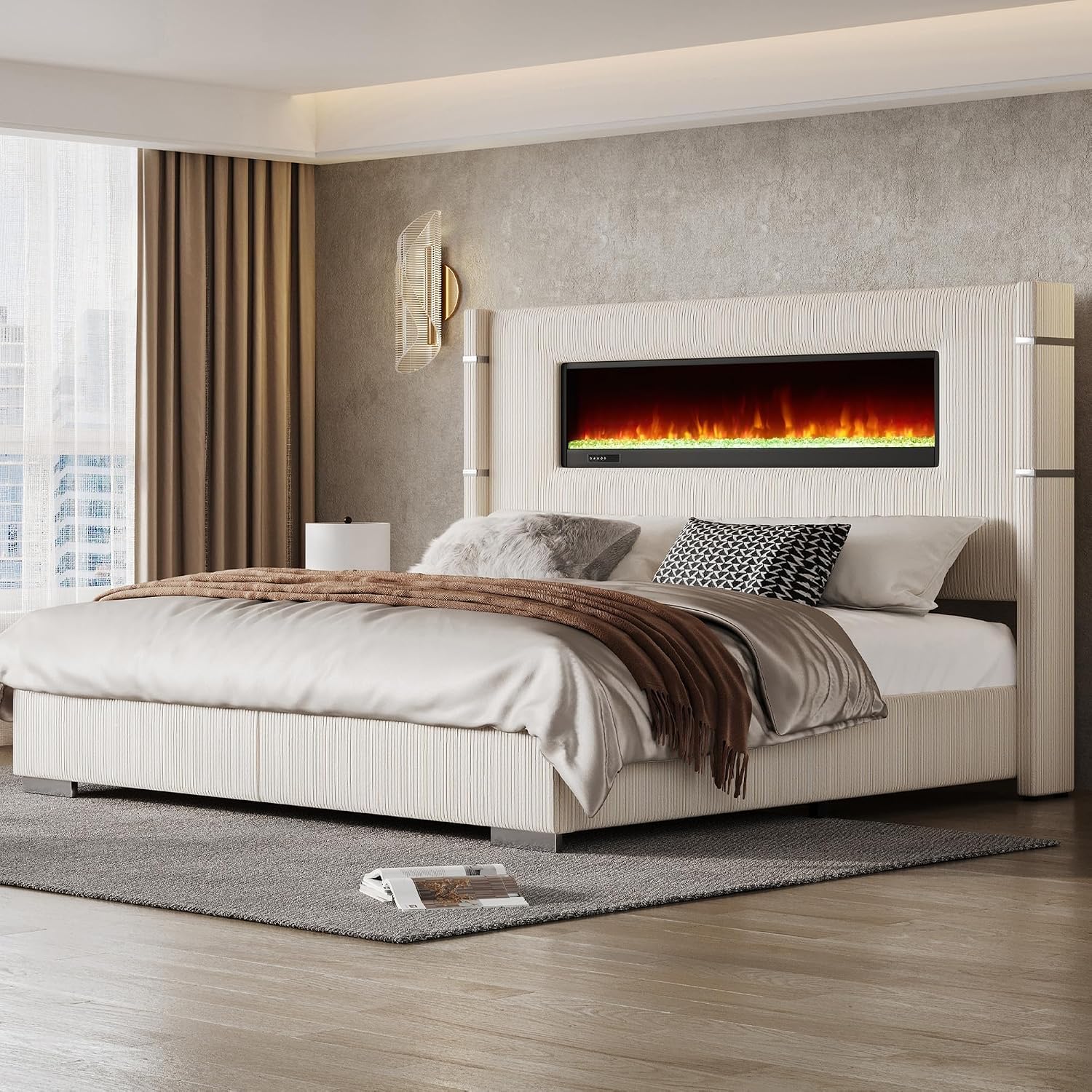 AMERLIFE Modern California King Size Bed Frame with Fireplace, Corduroy Upholstered Bed Frame with 60.4' Extra Tall Headboard, Wingback Platform Bed Frame Wooden Slats/No Box Spring Needed, Beige
